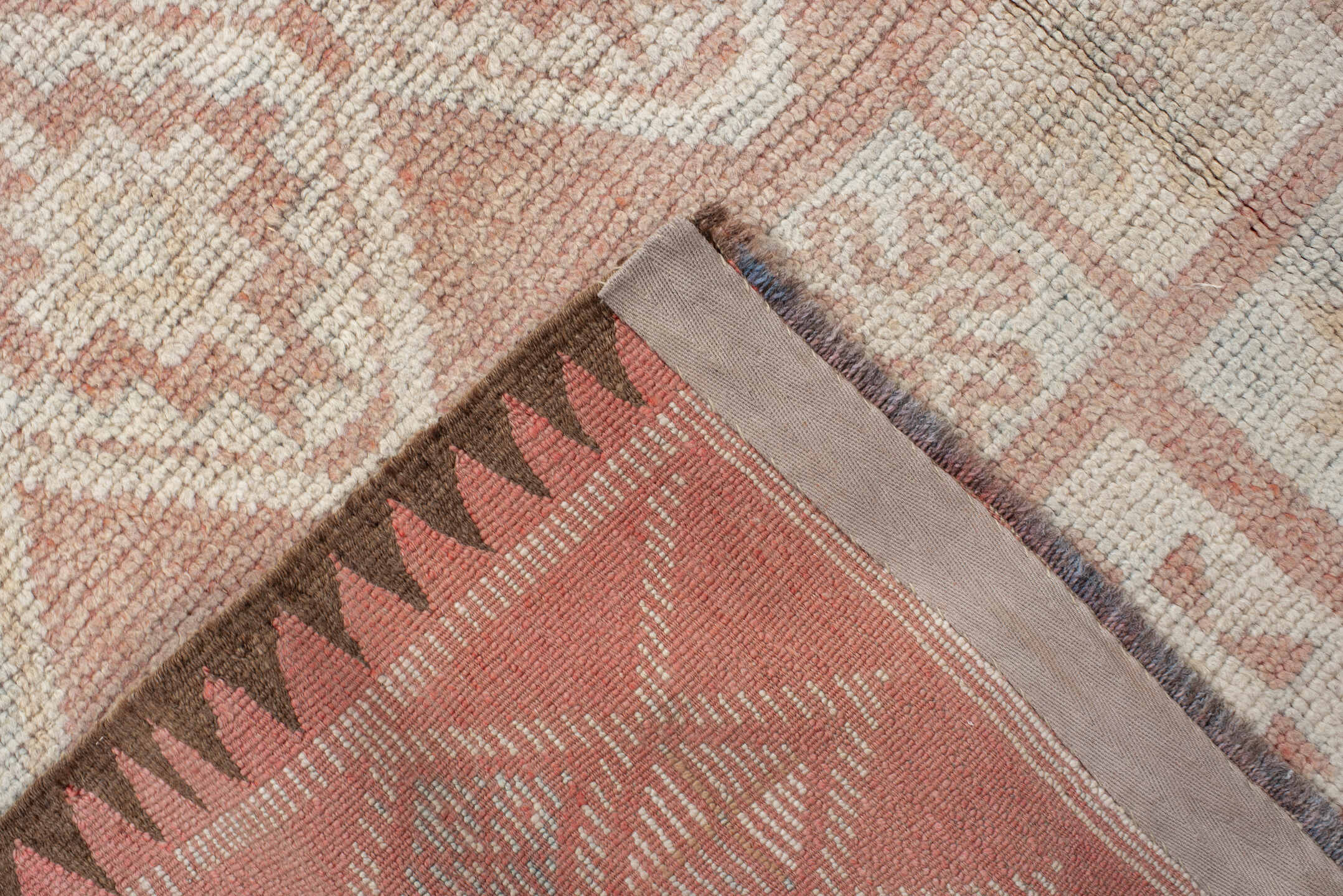 4' x 11' one-of-a-kind handmade antique Moroccan runner rug. Color palette: ivory, salmon, blush, peach, pink, terracotta
