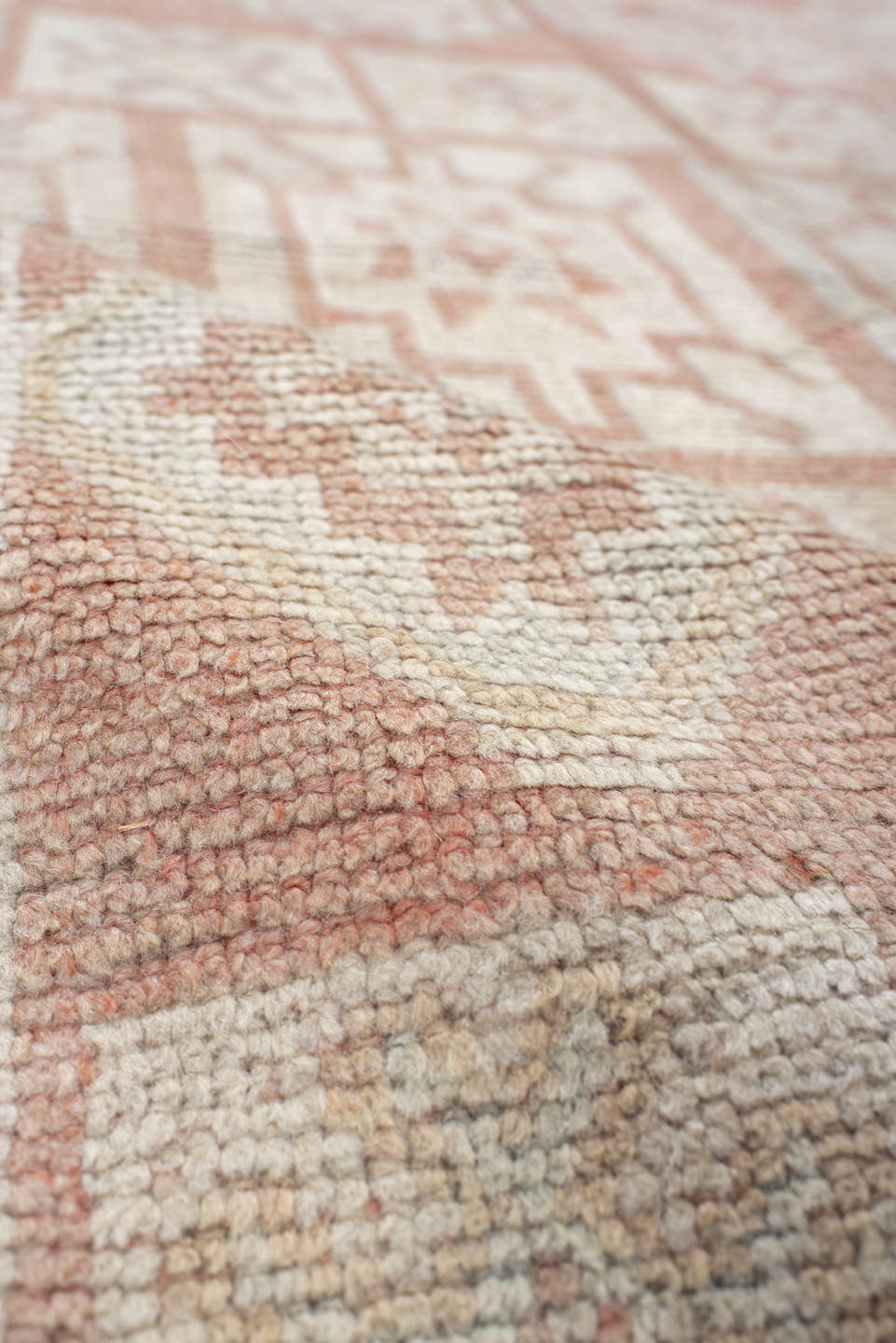 4' x 11' one-of-a-kind handmade antique Moroccan runner rug. Color palette: ivory, salmon, blush, peach, pink, terracotta