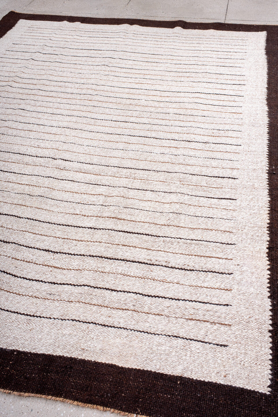 8' x 10' one-of-a-kind handmade antique Kilim large size rug. Color palette: ivory, espresso, taupe, brown, black, beige