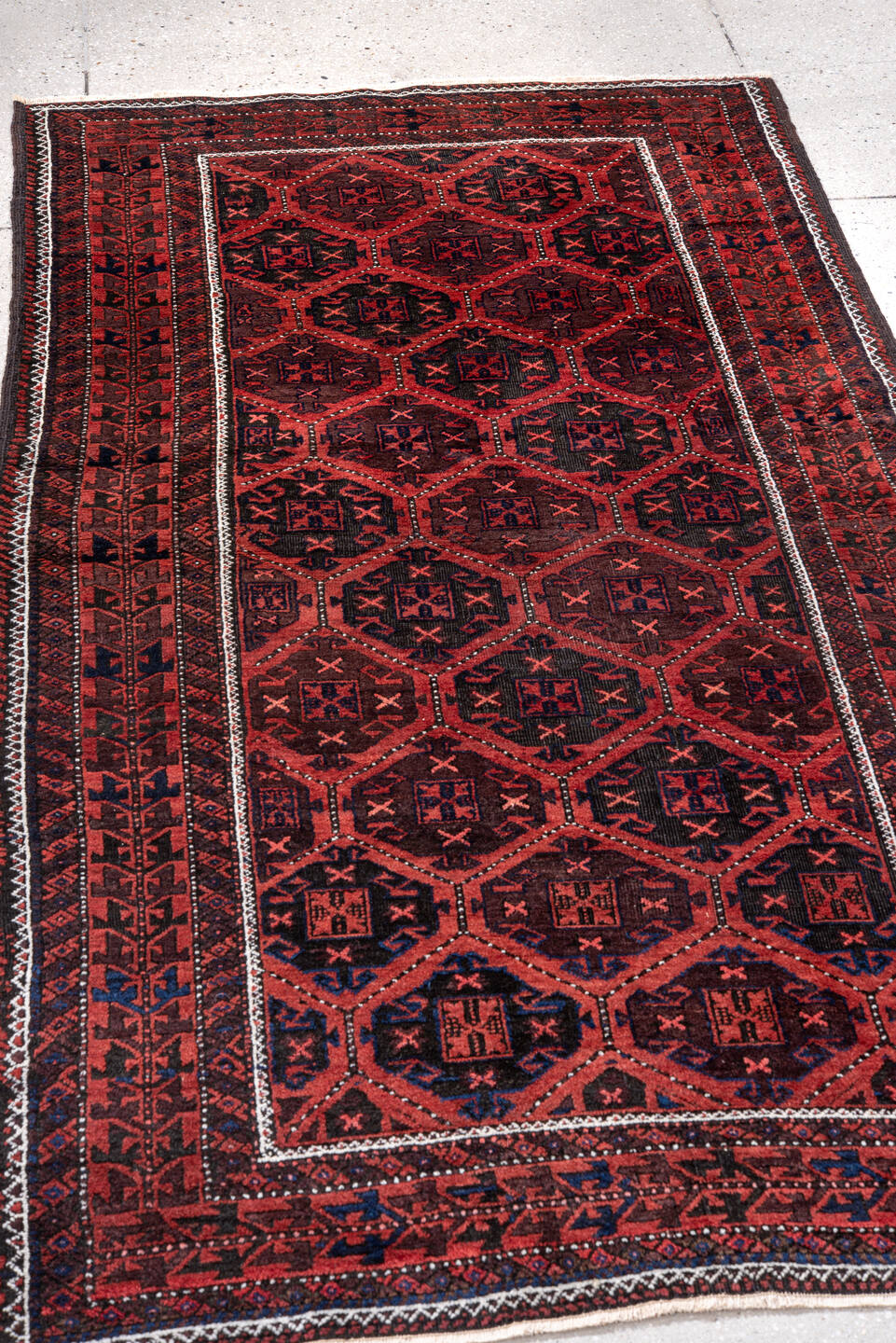 3' x 6' one-of-a-kind handmade vintage Belouch small size rug. Color palette: brown, gray, light coral, light gray, pink