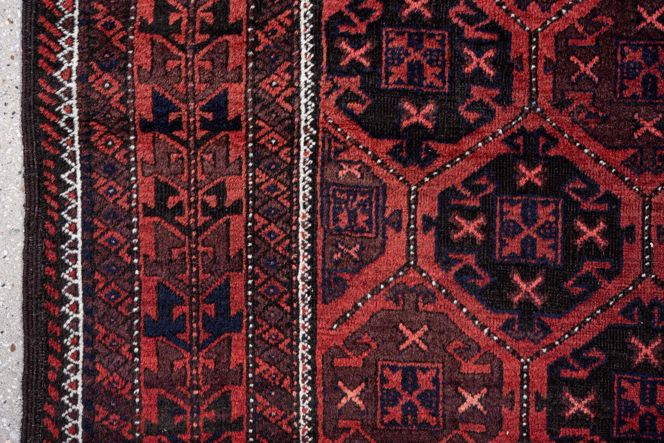 3' x 6' one-of-a-kind handmade vintage Belouch small size rug. Color palette: brown, gray, light coral, light gray, pink