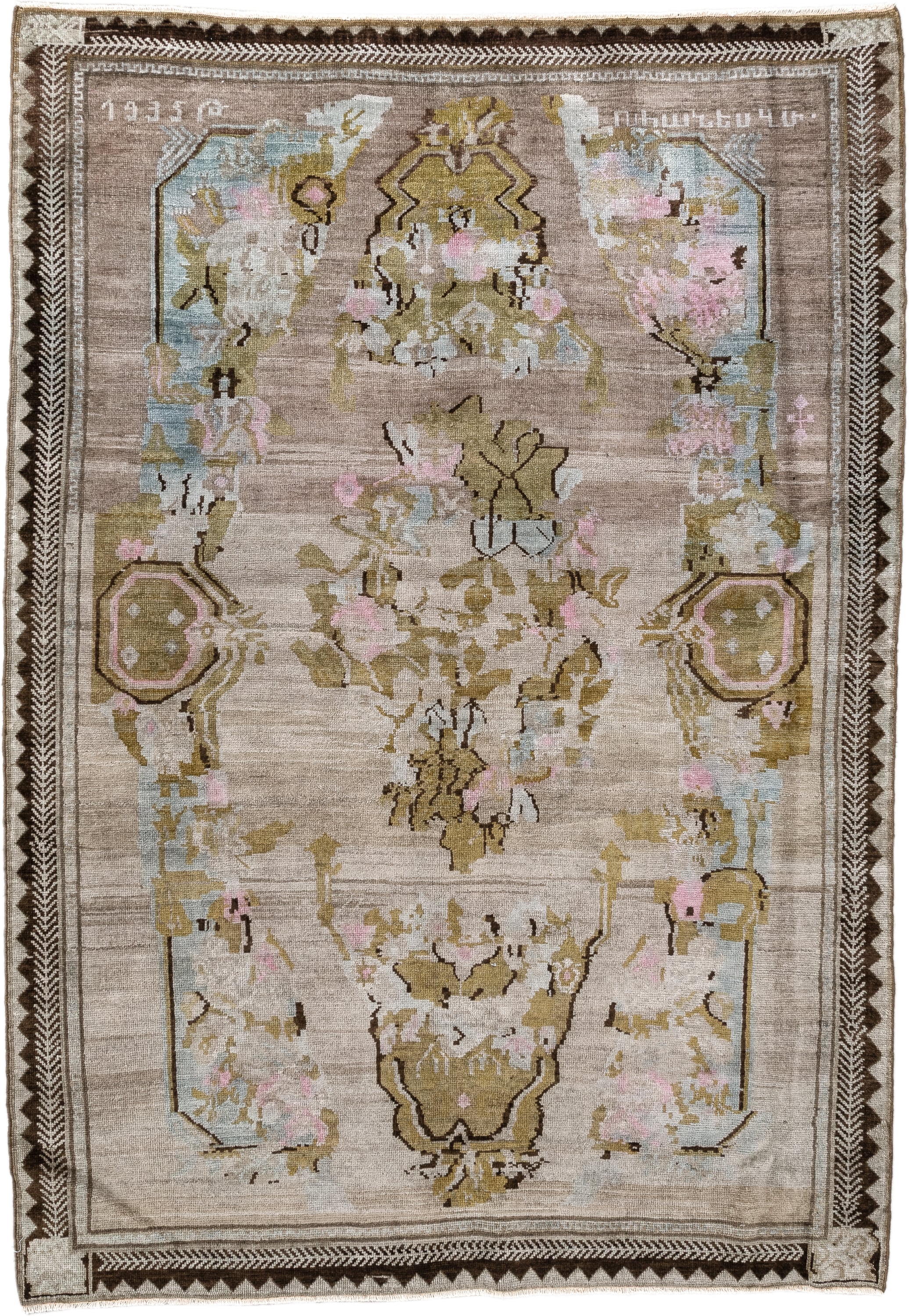 4' x 5' one-of-a-kind handmade antique Karabagh small size rug. Color palette: taupe, olive, ivory, brown, pale blue, rose