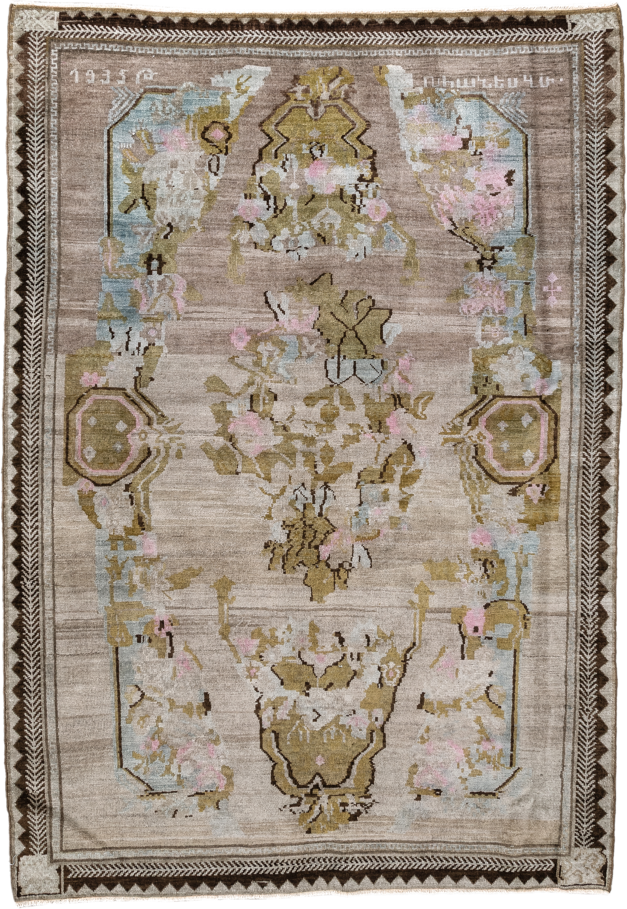 4' x 5' one-of-a-kind handmade antique Karabagh small size rug. Color palette: taupe, olive, ivory, brown, pale blue, rose