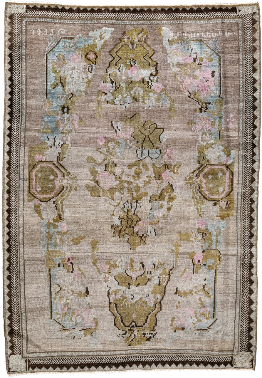 4' x 5' one-of-a-kind handmade antique Karabagh small size rug. Color palette: taupe, olive, ivory, brown, pale blue, rose