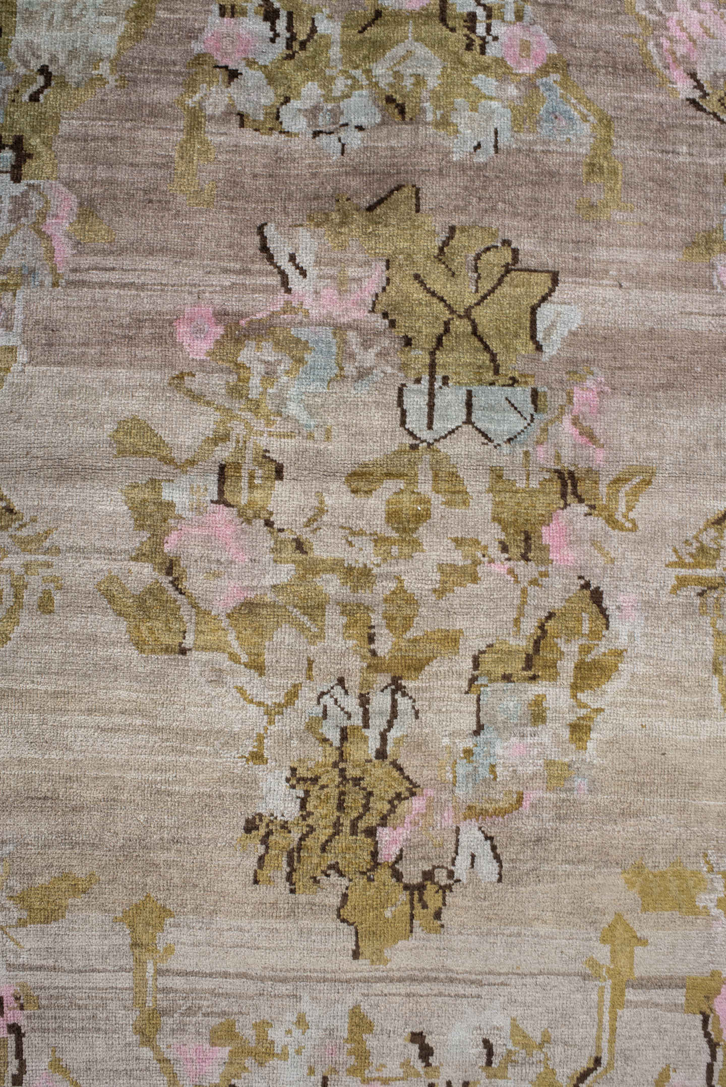 4' x 5' one-of-a-kind handmade antique Karabagh small size rug. Color palette: taupe, olive, ivory, brown, pale blue, rose