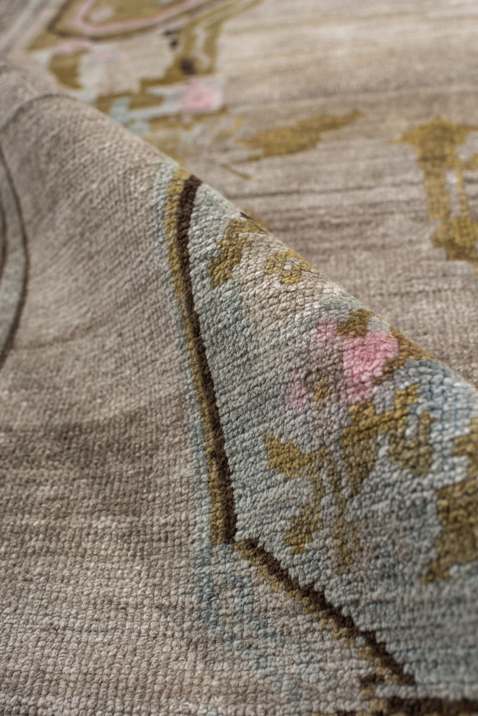 4' x 5' one-of-a-kind handmade antique Karabagh small size rug. Color palette: taupe, olive, ivory, brown, pale blue, rose