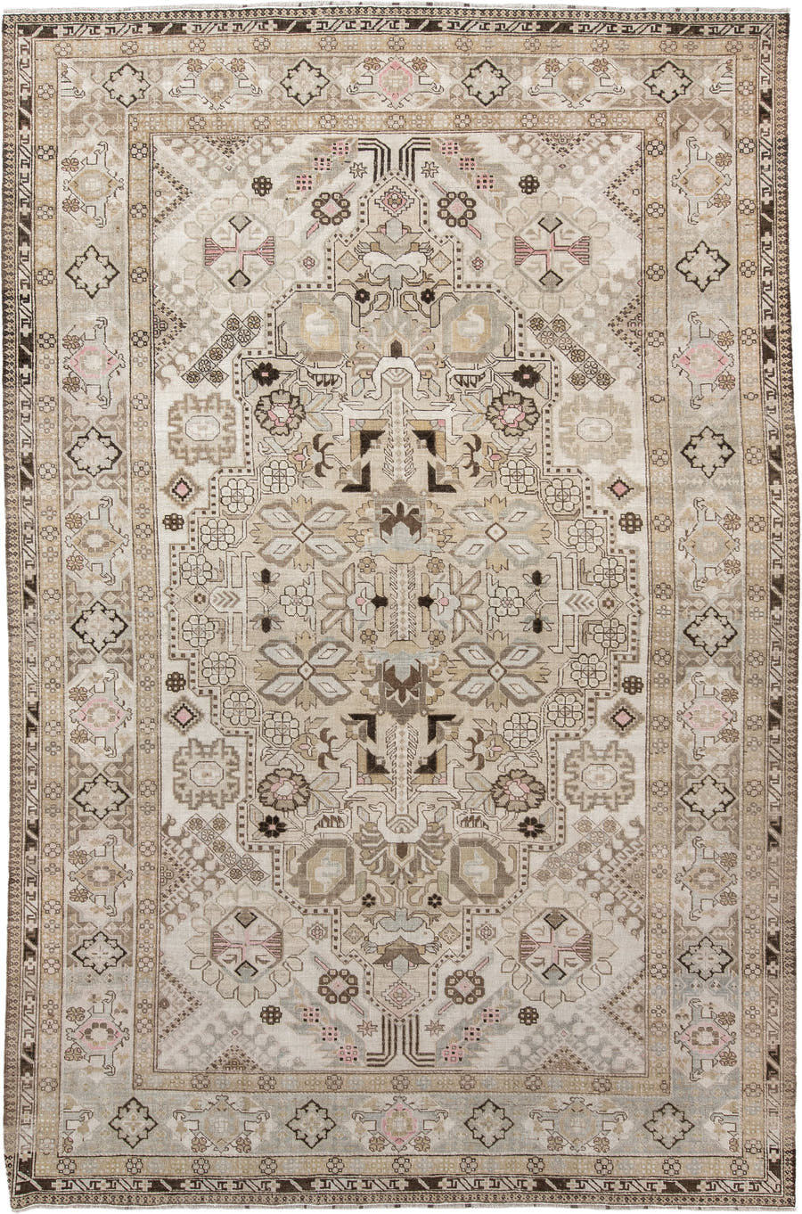 7' x 10' one-of-a-kind handmade antique Ardebil large size rug. Color palette: ivory, taupe, camel, brown, blush, beige