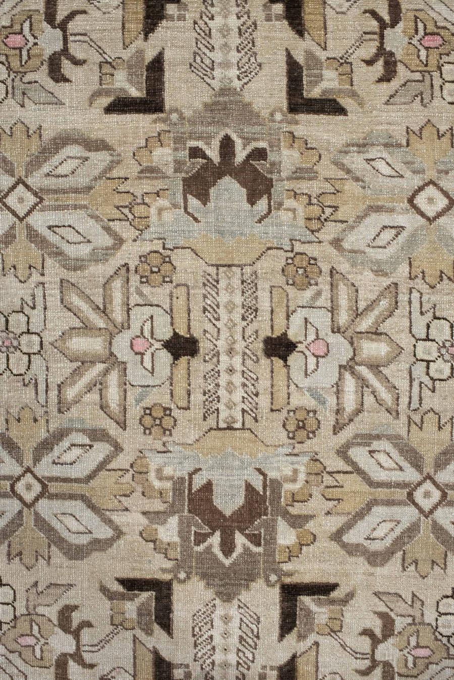 7' x 10' one-of-a-kind handmade antique Ardebil large size rug. Color palette: ivory, taupe, camel, brown, blush, beige