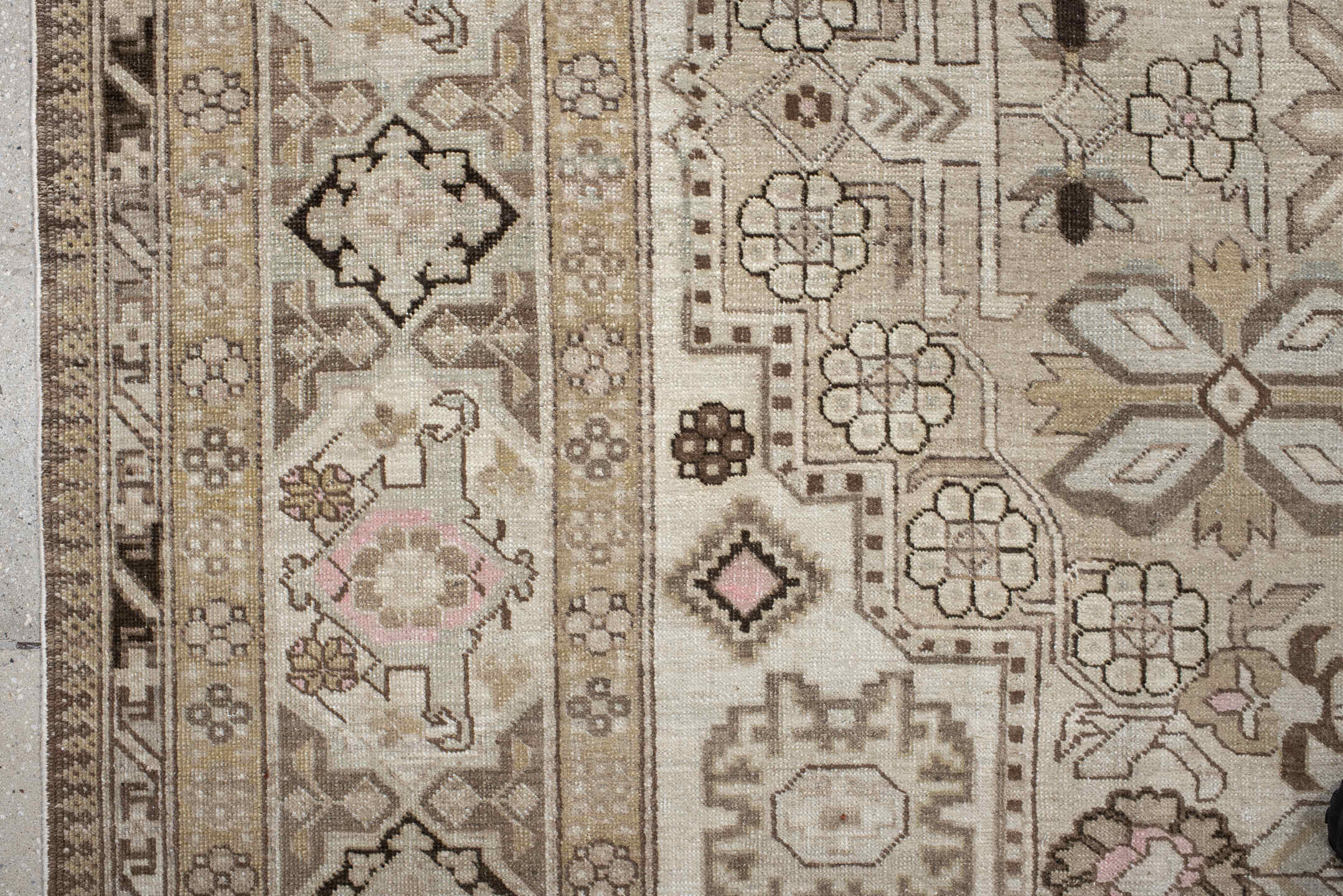 7' x 10' one-of-a-kind handmade antique Ardebil large size rug. Color palette: ivory, taupe, camel, brown, blush, beige