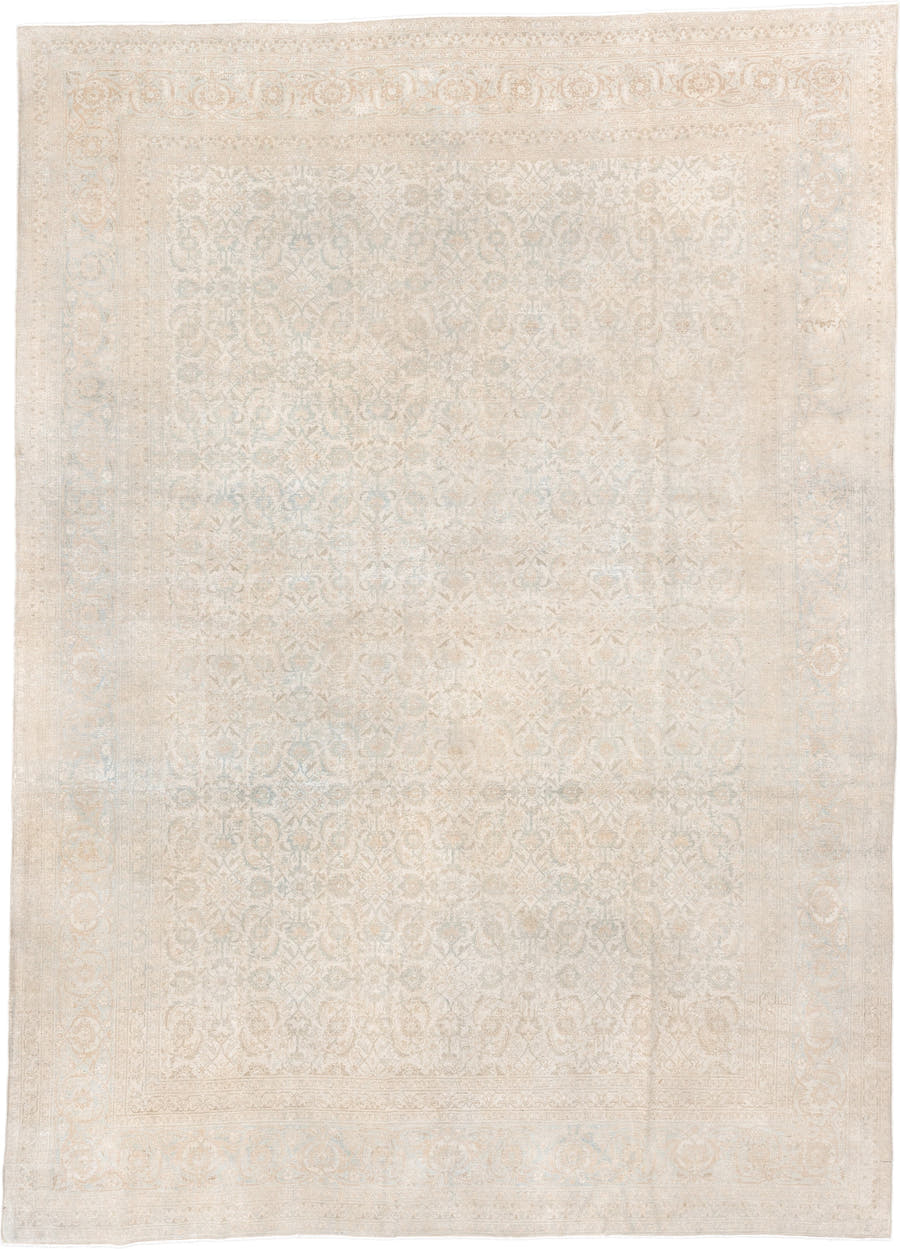 9' x 12' one-of-a-kind handmade antique Tabriz large size rug. Color palette: ivory, beige, pale blue, cream, taupe