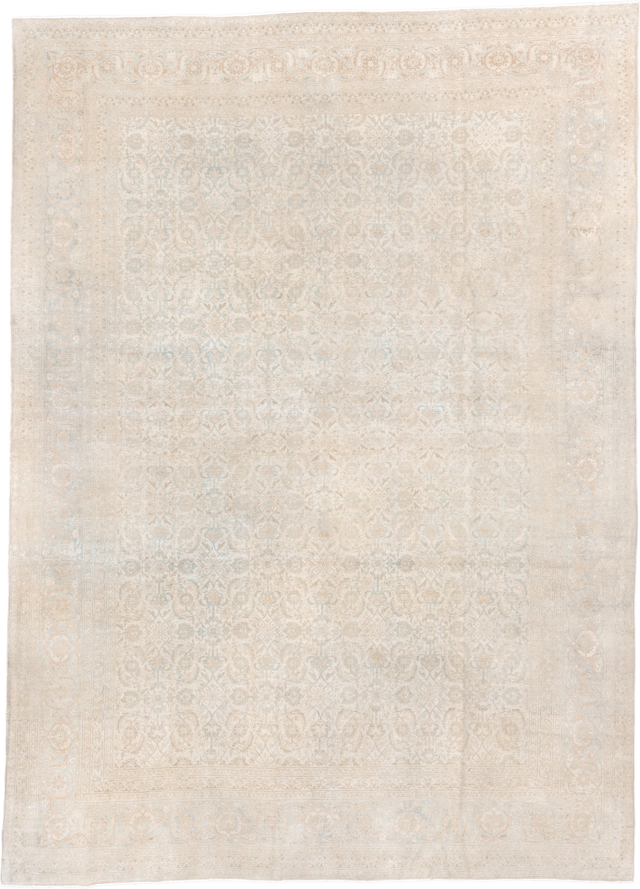 9' x 12' one-of-a-kind handmade antique Tabriz large size rug. Color palette: ivory, beige, pale blue, cream, taupe