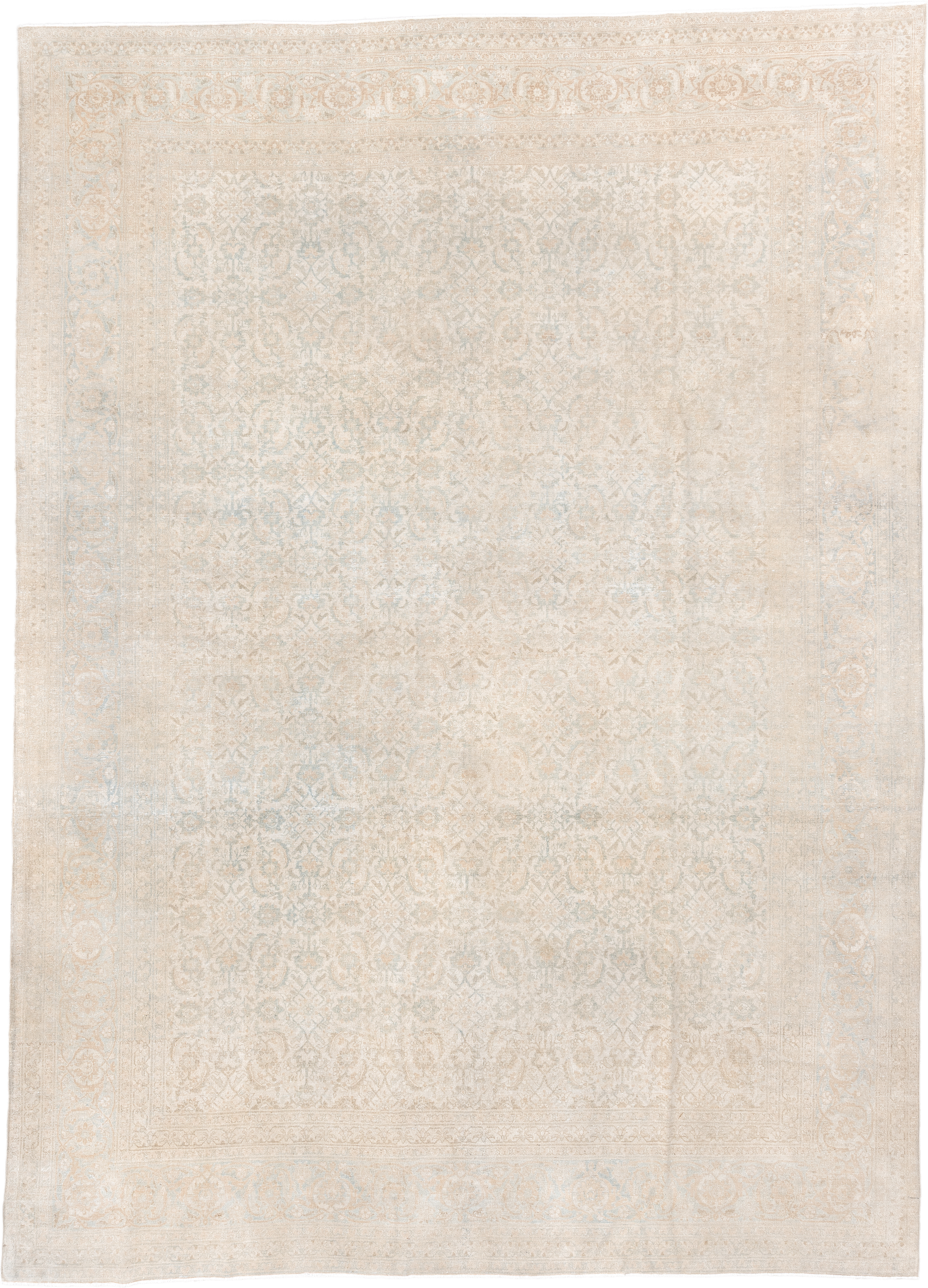 9' x 12' one-of-a-kind handmade antique Tabriz large size rug. Color palette: ivory, beige, pale blue, cream, taupe