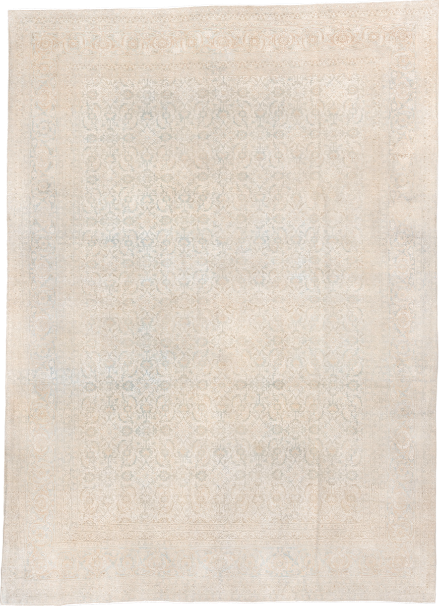 9' x 12' one-of-a-kind handmade antique Tabriz large size rug. Color palette: ivory, beige, pale blue, cream, taupe
