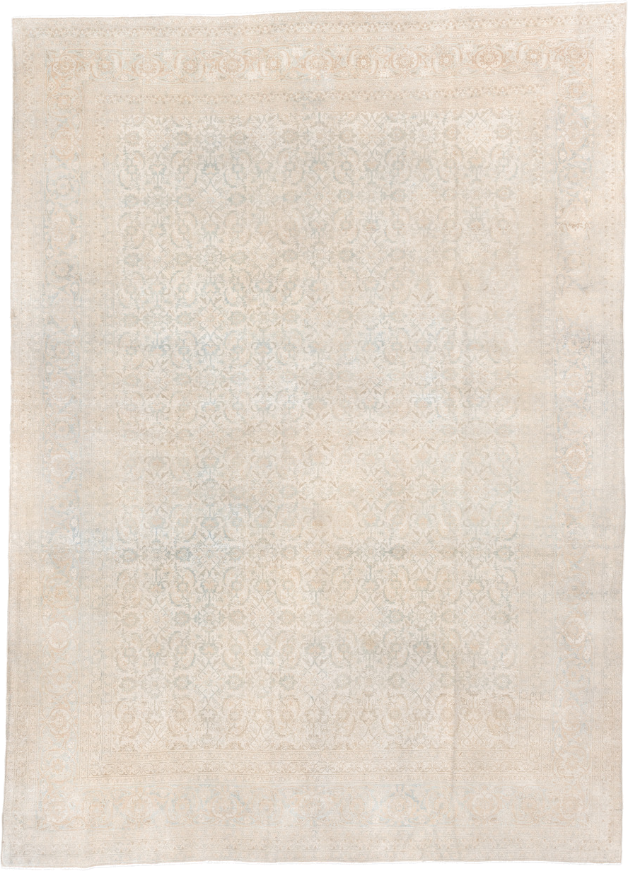 9' x 12' one-of-a-kind handmade antique Tabriz large size rug. Color palette: ivory, beige, pale blue, cream, taupe