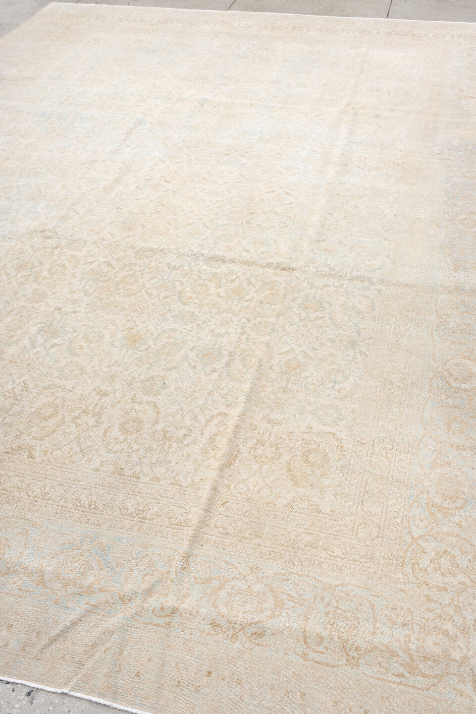 9' x 12' one-of-a-kind handmade antique Tabriz large size rug. Color palette: ivory, beige, pale blue, cream, taupe