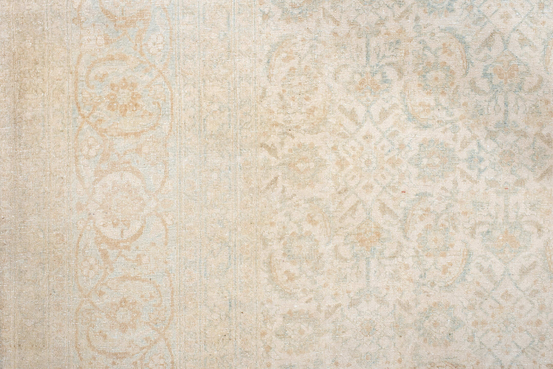 9' x 12' one-of-a-kind handmade antique Tabriz large size rug. Color palette: ivory, beige, pale blue, cream, taupe
