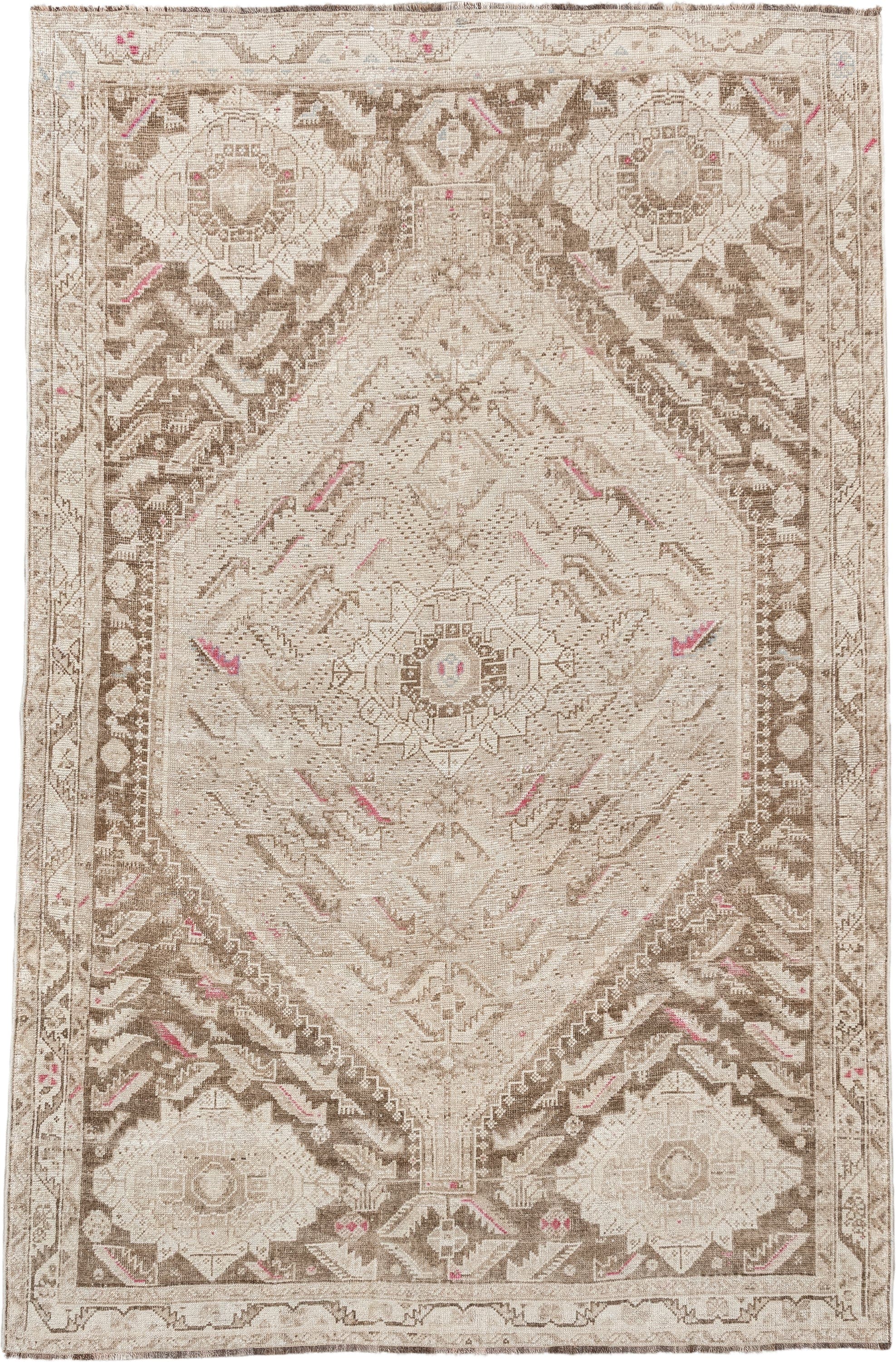 4' x 7' one-of-a-kind handmade antique Shiraz rug. Color palette: ivory, taupe, beige, rose, camel, gray, pink, red
