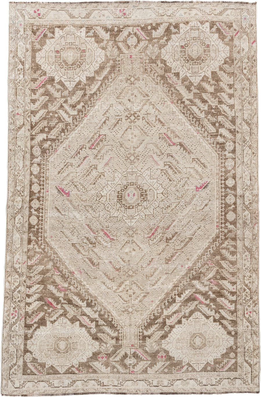 4' x 7' one-of-a-kind handmade antique Shiraz rug. Color palette: ivory, taupe, beige, rose, camel, gray, pink, red