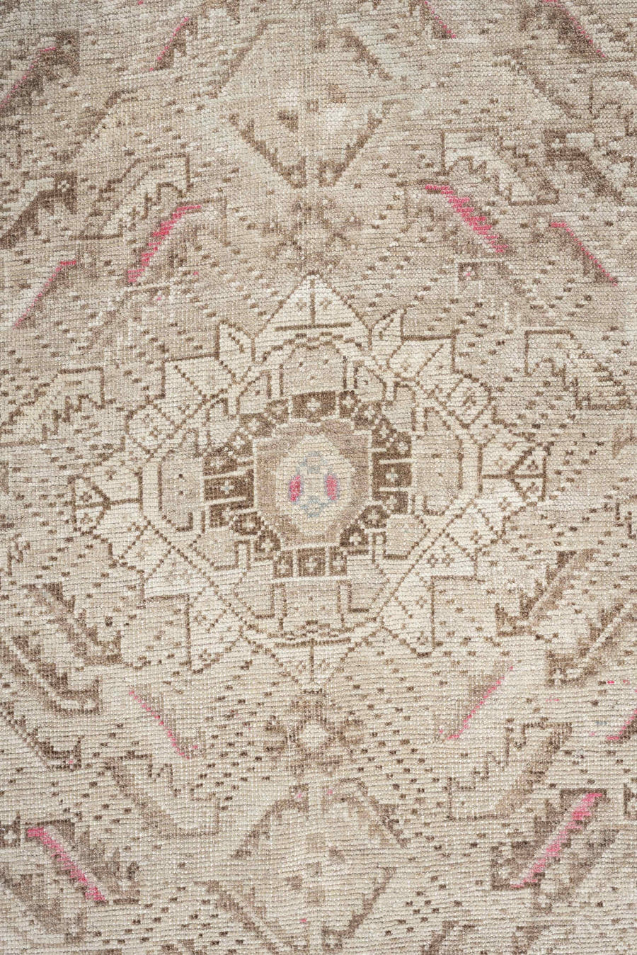 4' x 7' one-of-a-kind handmade antique Shiraz rug. Color palette: ivory, taupe, beige, rose, camel, gray, pink, red
