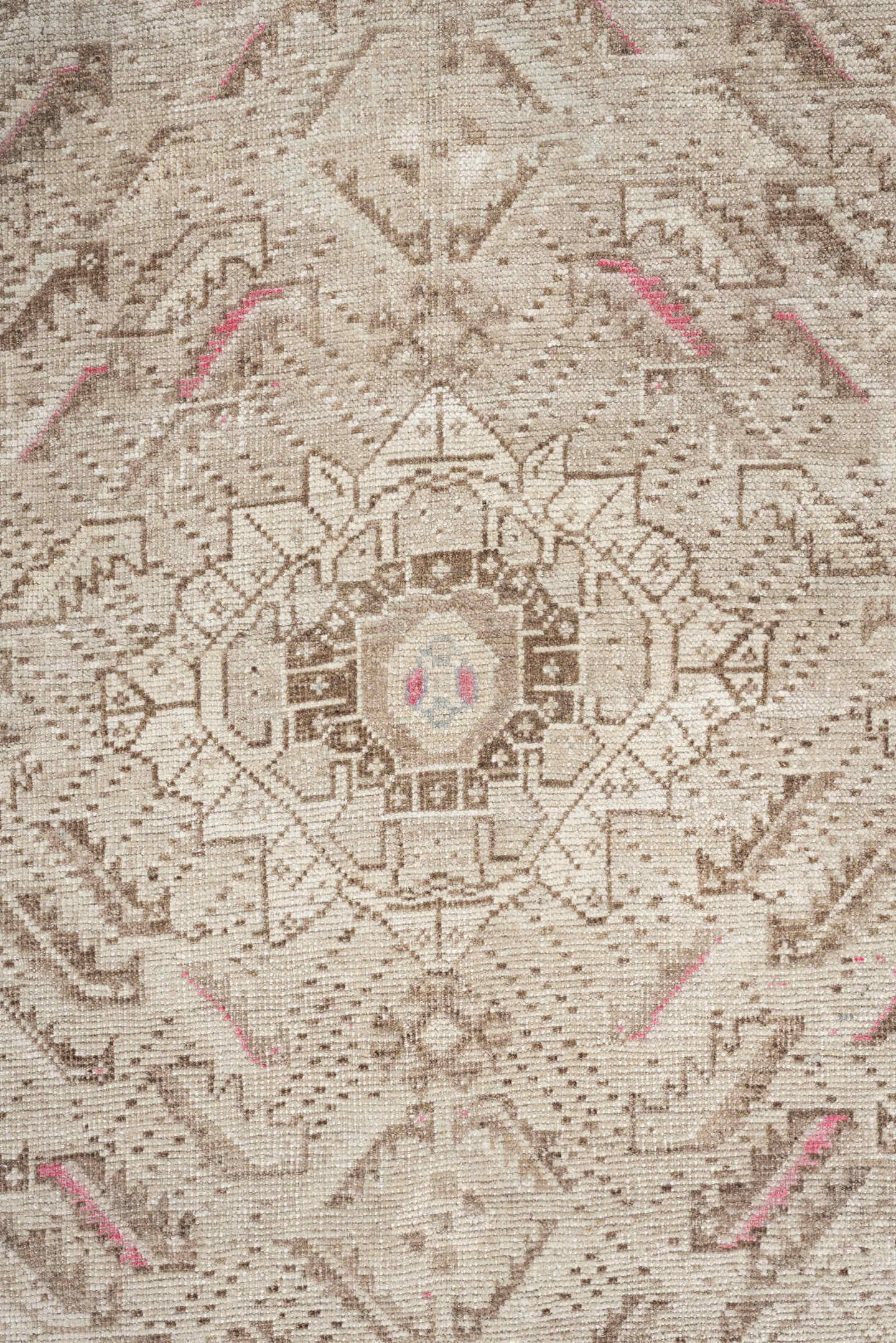 4' x 7' one-of-a-kind handmade antique Shiraz rug. Color palette: ivory, taupe, beige, rose, camel, gray, pink, red