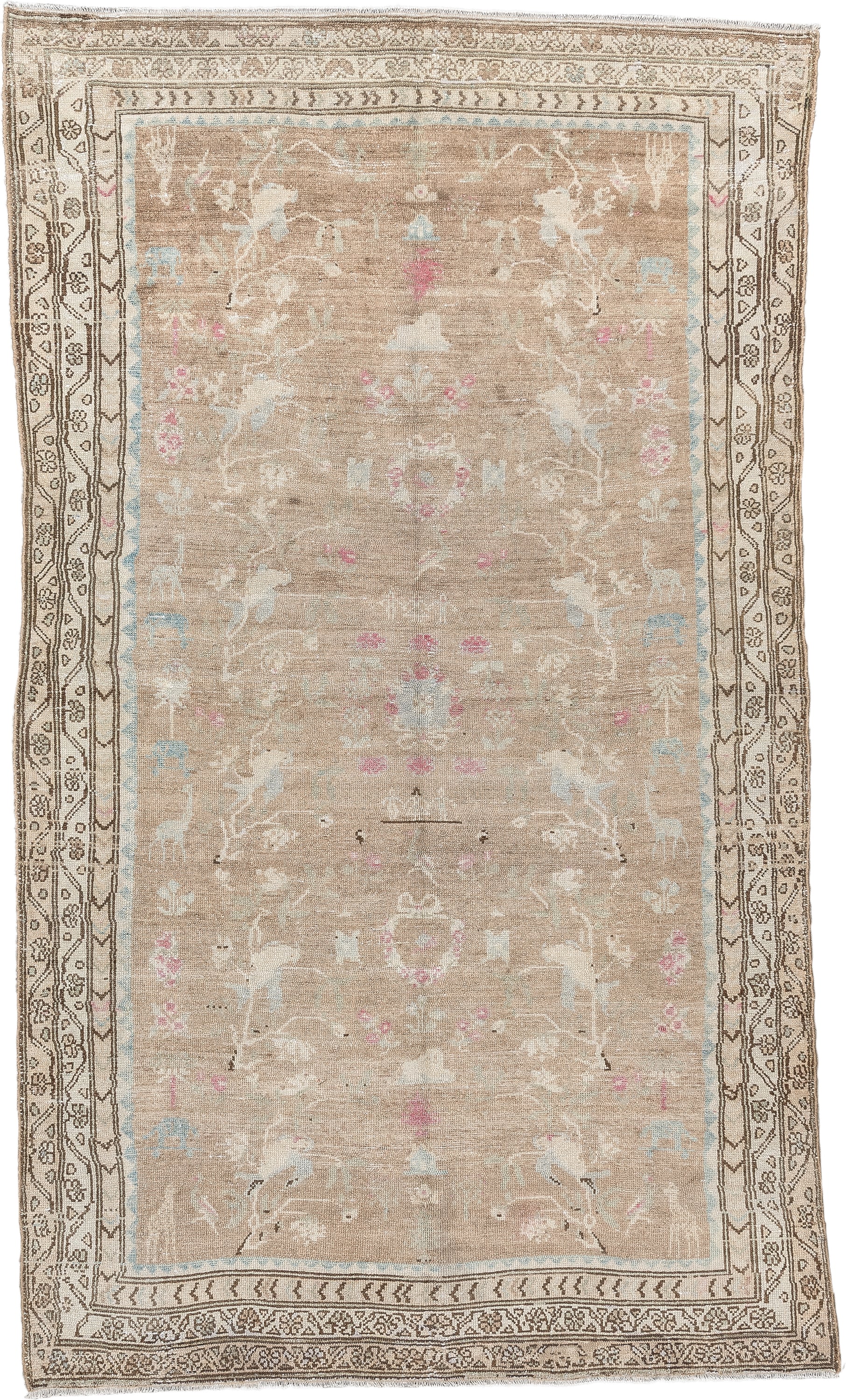 4' x 7' one-of-a-kind handmade antique Hamadan rug. Color palette: taupe, ivory, brown, pale blue, rose, cream, beige, gray