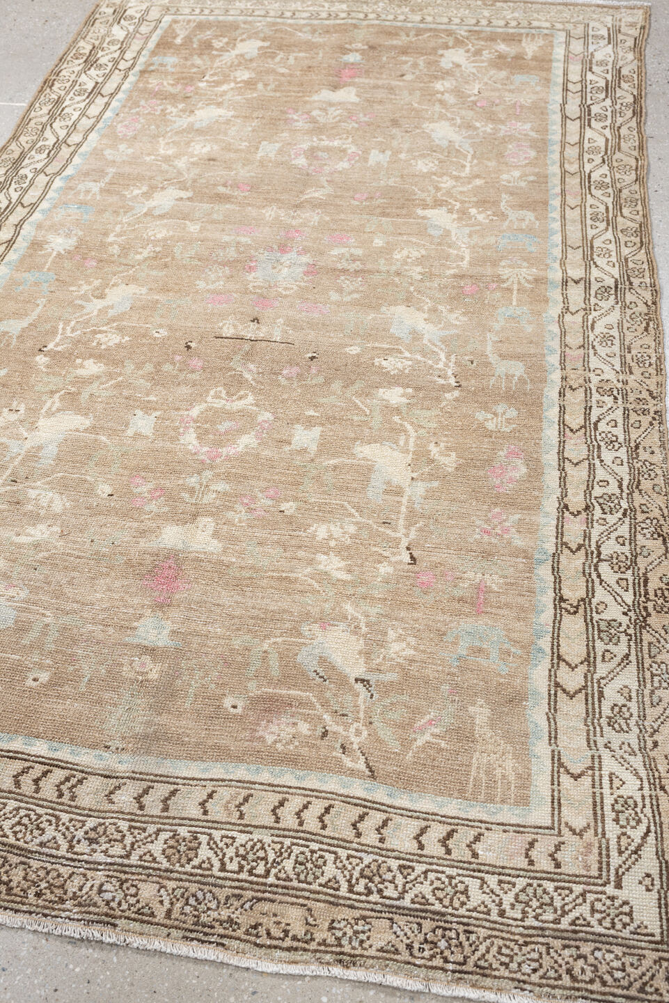 4' x 7' one-of-a-kind handmade antique Hamadan rug. Color palette: taupe, ivory, brown, pale blue, rose, cream, beige, gray