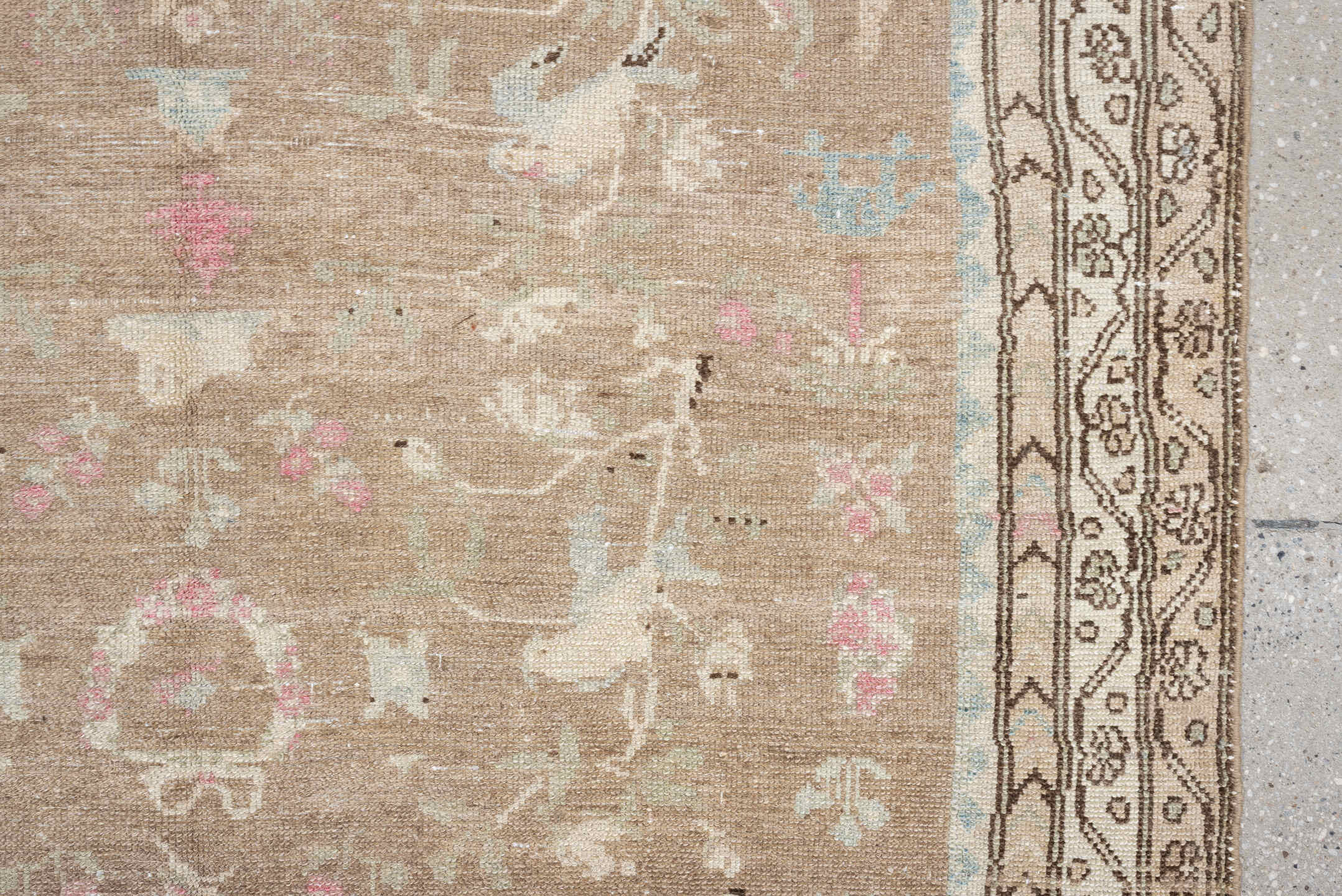 4' x 7' one-of-a-kind handmade antique Hamadan rug. Color palette: taupe, ivory, brown, pale blue, rose, cream, beige, gray