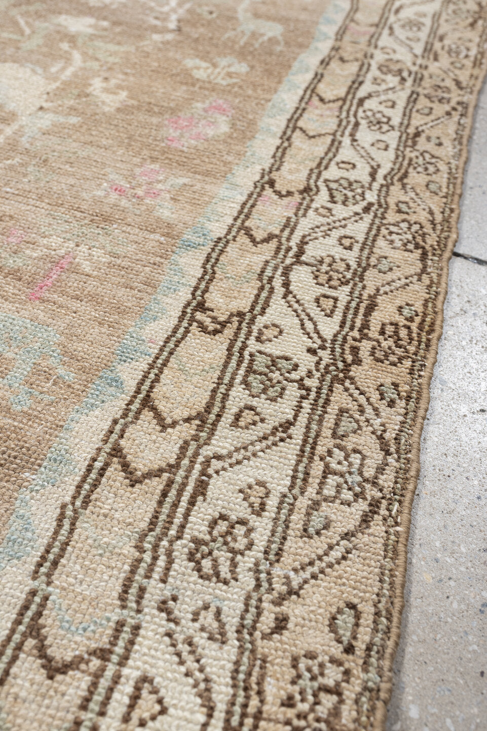 4' x 7' one-of-a-kind handmade antique Hamadan rug. Color palette: taupe, ivory, brown, pale blue, rose, cream, beige, gray
