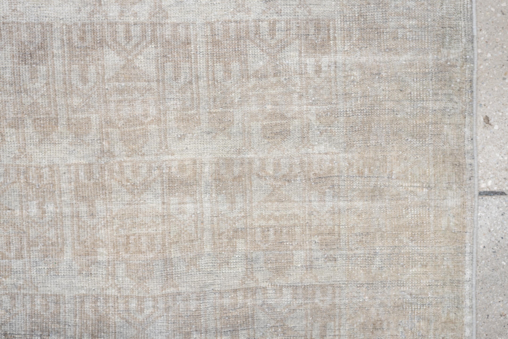 3' x 6' one-of-a-kind handmade antique Belouch small size rug. Color palette: ivory, taupe, silver gray, cream, beige