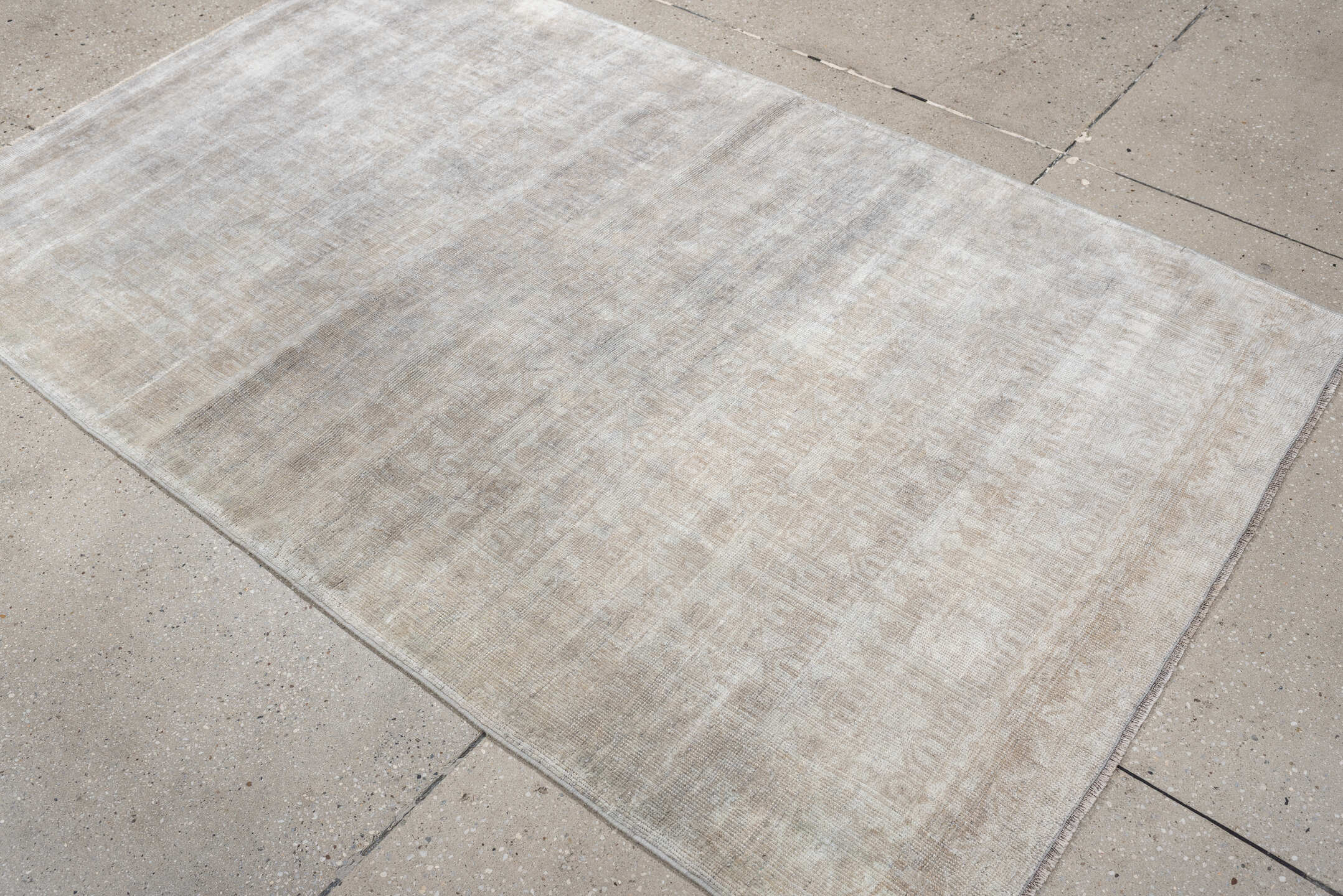 3' x 6' one-of-a-kind handmade antique Belouch small size rug. Color palette: ivory, taupe, silver gray, cream, beige