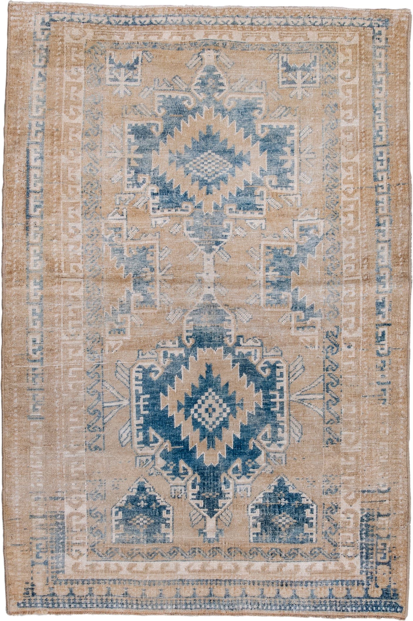 3' x 4' one-of-a-kind handmade antique Caucasian small size rug. Color palette: camel, faded blue, ivory, beige, taupe, blue