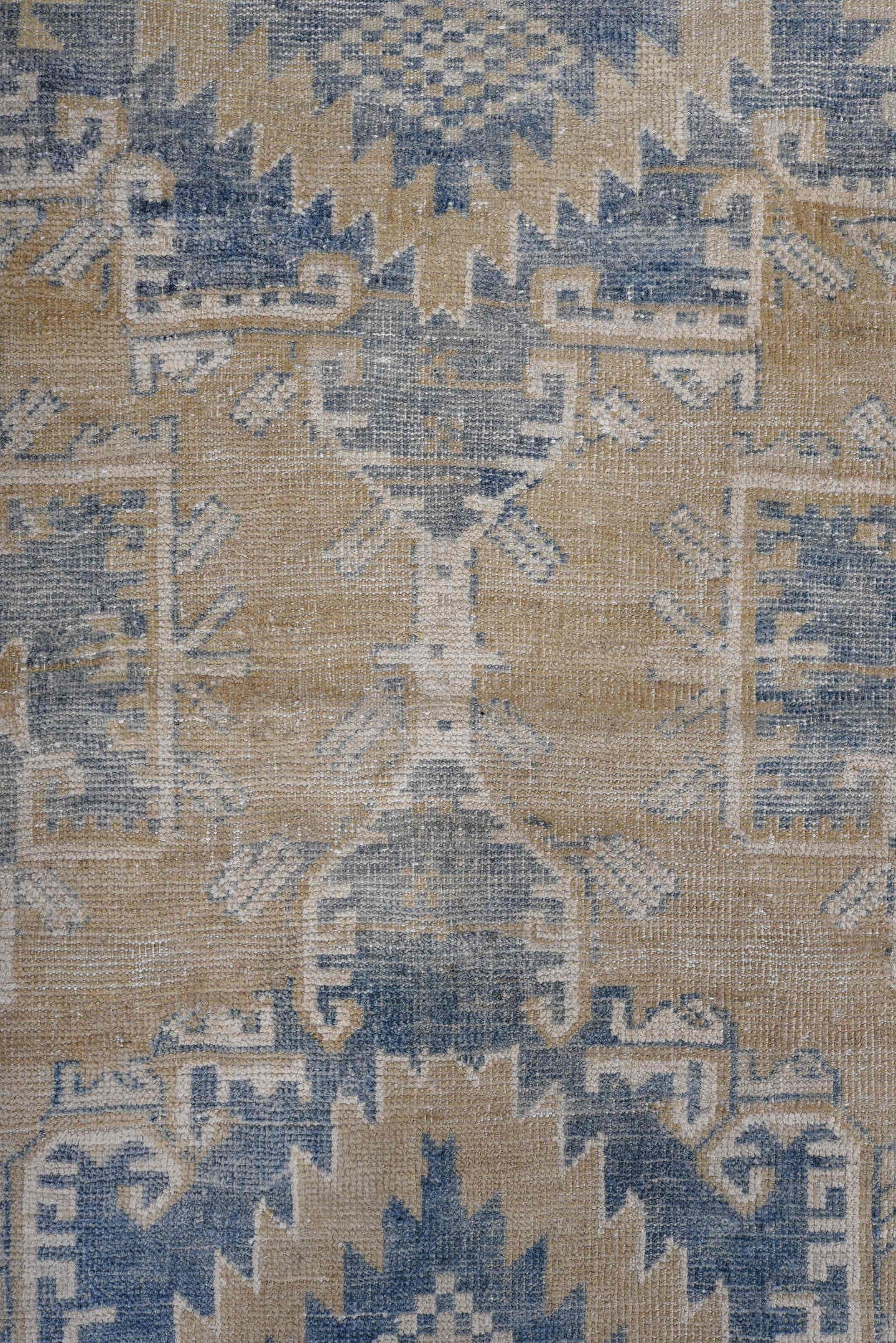 3' x 4' one-of-a-kind handmade antique Caucasian small size rug. Color palette: camel, faded blue, ivory, beige, taupe, blue