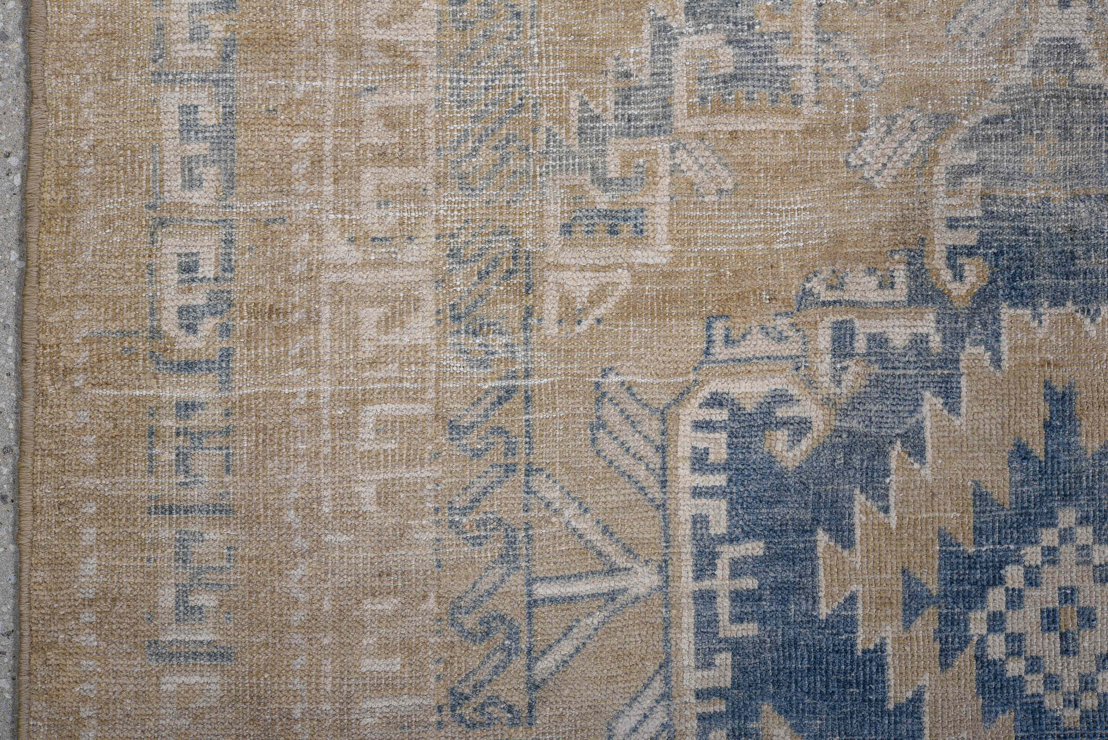 3' x 4' one-of-a-kind handmade antique Caucasian small size rug. Color palette: camel, faded blue, ivory, beige, taupe, blue