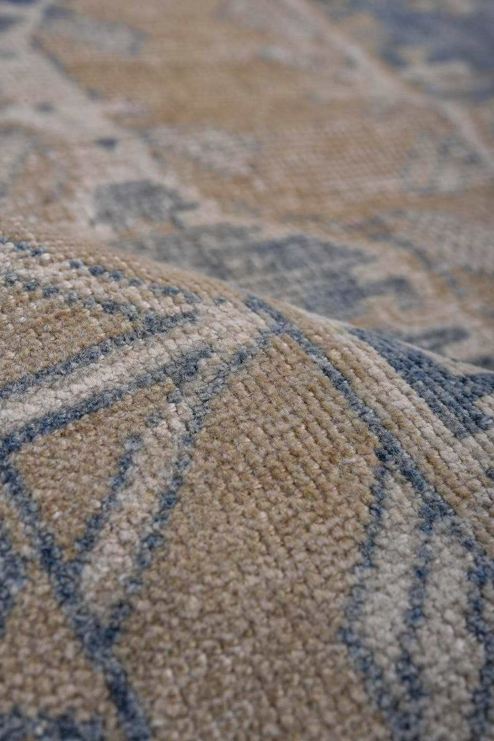 3' x 4' one-of-a-kind handmade antique Caucasian small size rug. Color palette: camel, faded blue, ivory, beige, taupe, blue