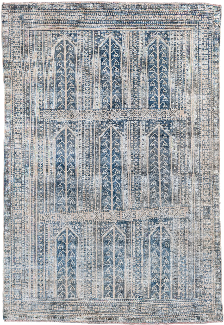 3' x 5' one-of-a-kind handmade antique Belouch small size rug. Color palette: ivory, slate, blue, pale blue, taupe, gray