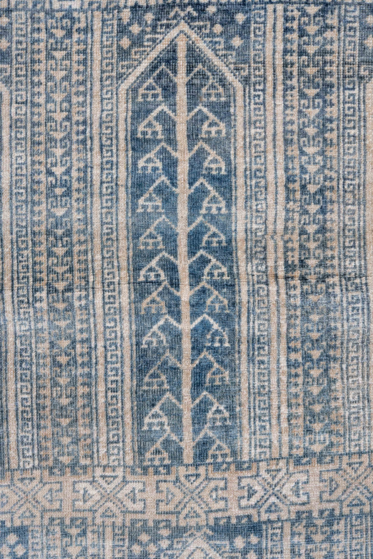 3' x 5' one-of-a-kind handmade antique Belouch small size rug. Color palette: ivory, slate, blue, pale blue, taupe, gray