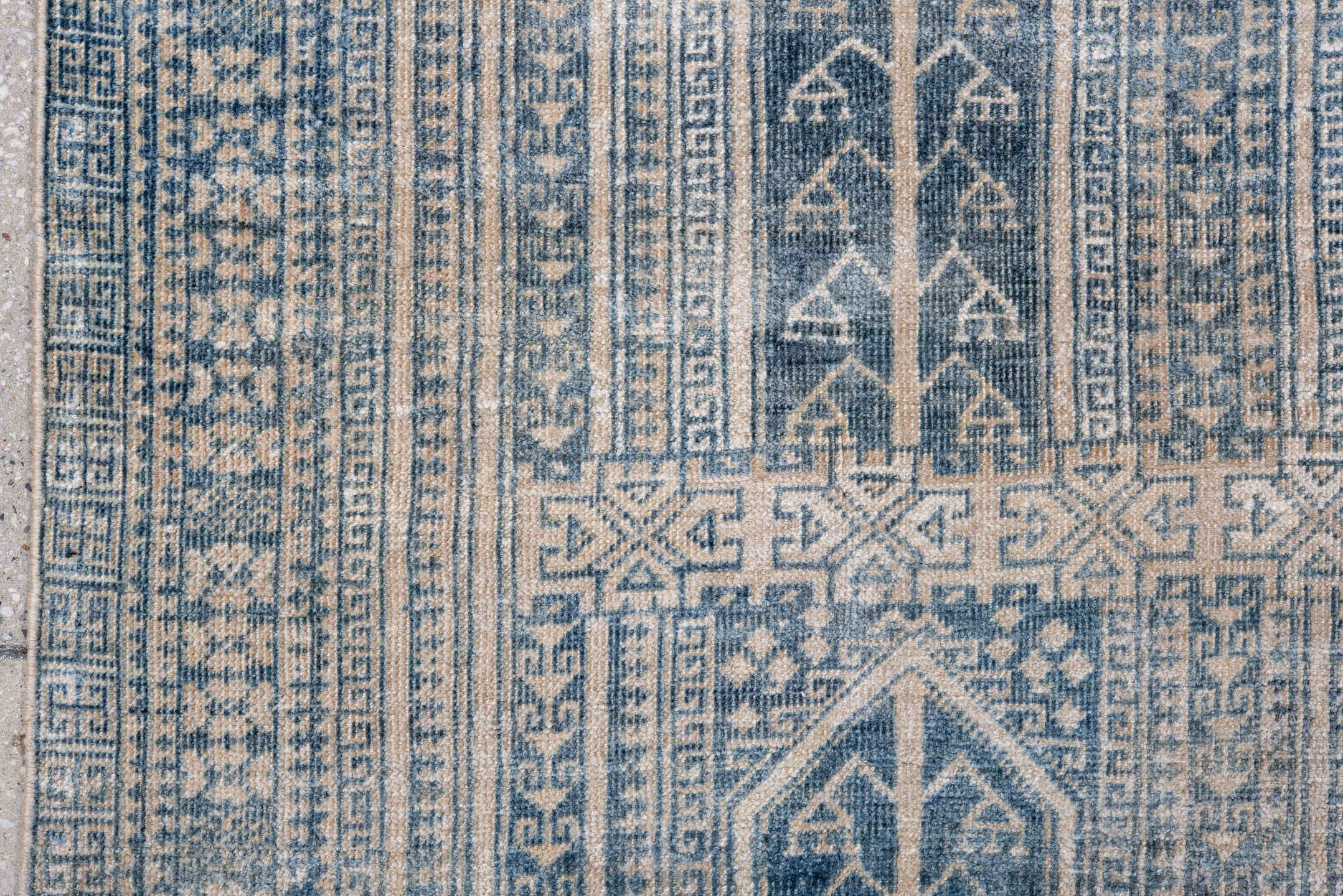 3' x 5' one-of-a-kind handmade antique Belouch small size rug. Color palette: ivory, slate, blue, pale blue, taupe, gray