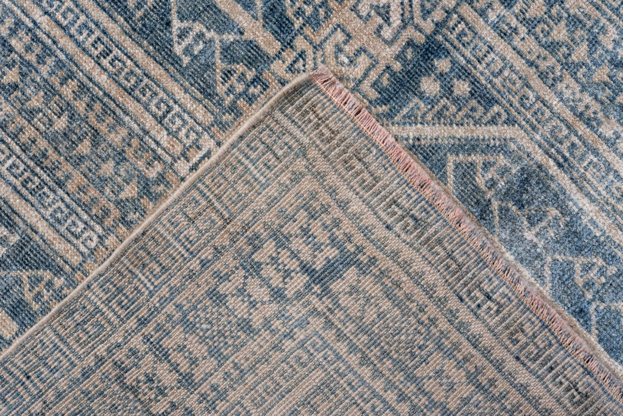 3' x 5' one-of-a-kind handmade antique Belouch small size rug. Color palette: ivory, slate, blue, pale blue, taupe, gray