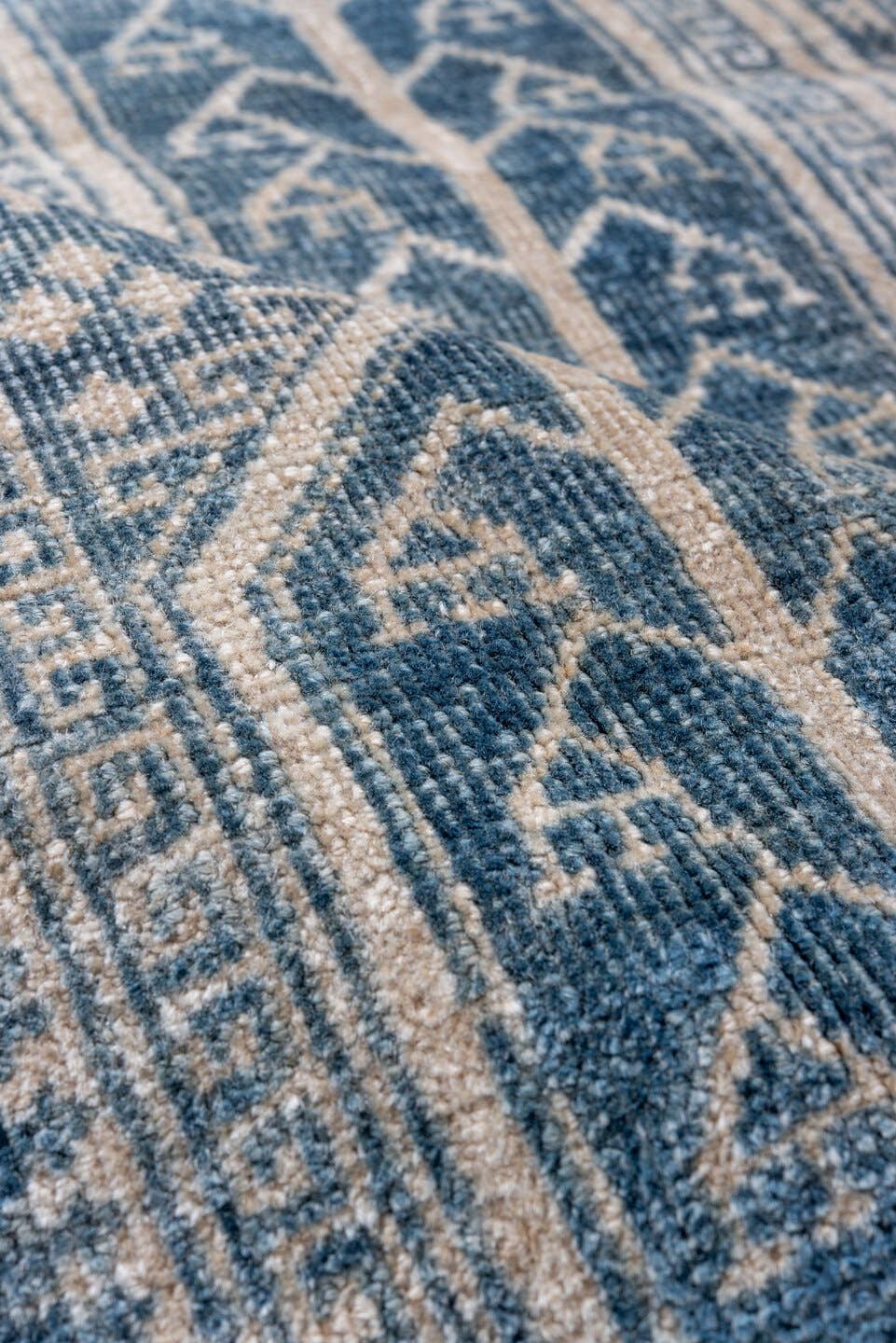 3' x 5' one-of-a-kind handmade antique Belouch small size rug. Color palette: ivory, slate, blue, pale blue, taupe, gray
