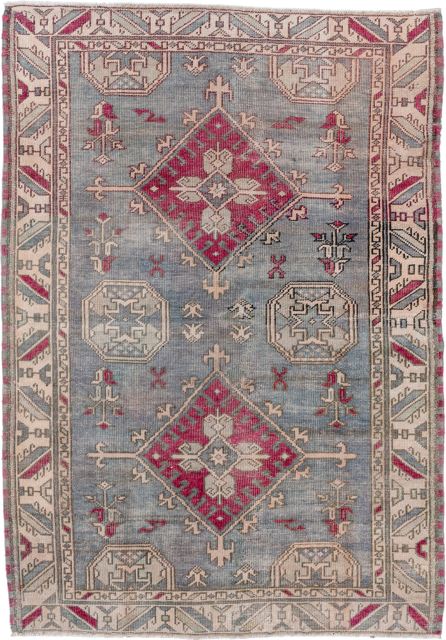 4' x 5' one-of-a-kind handmade vintage Anatolian small size rug. Color palette: ivory, blue, rose, taupe, slate, charcoal