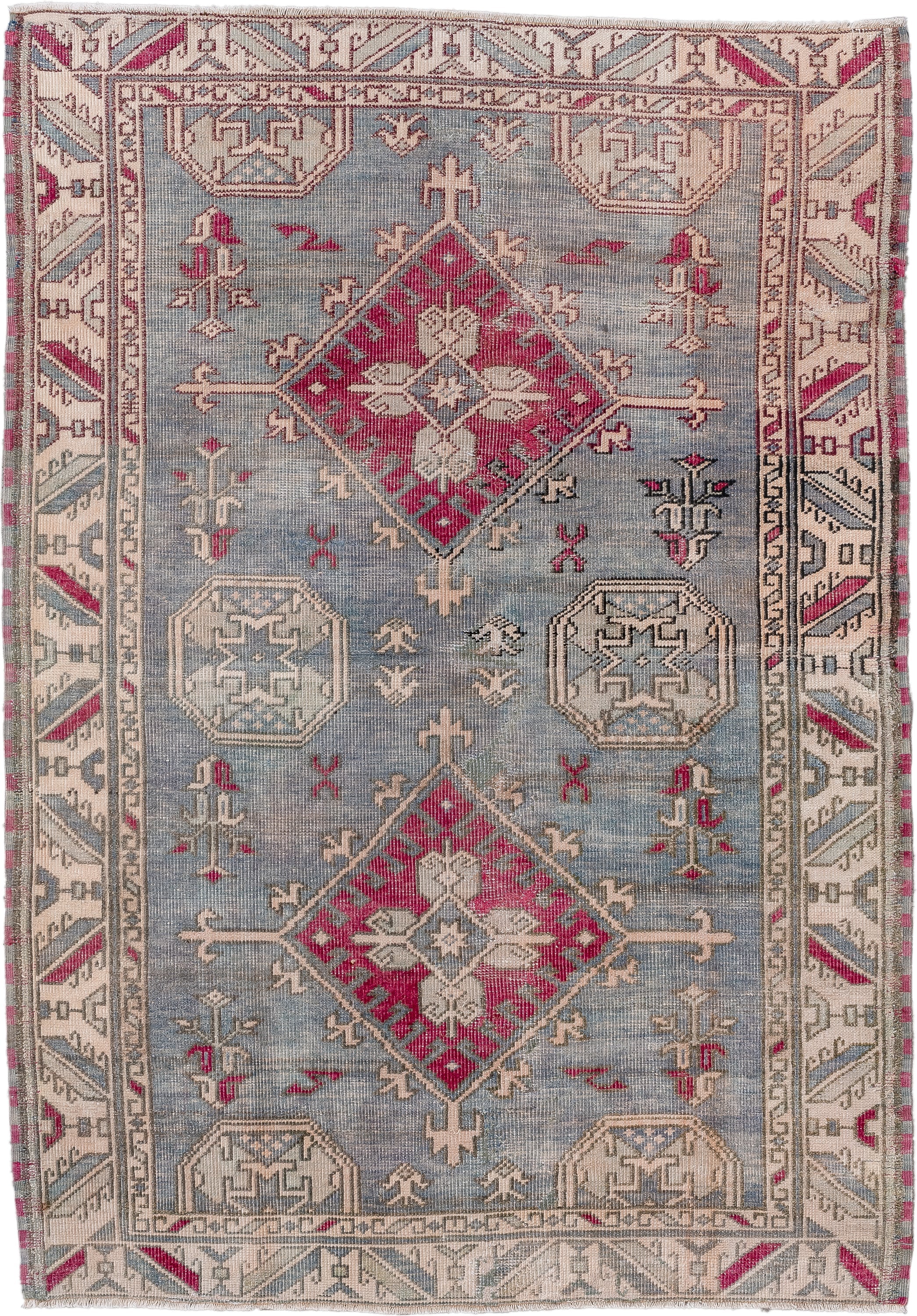 4' x 5' one-of-a-kind handmade vintage Anatolian small size rug. Color palette: ivory, blue, rose, taupe, slate, charcoal