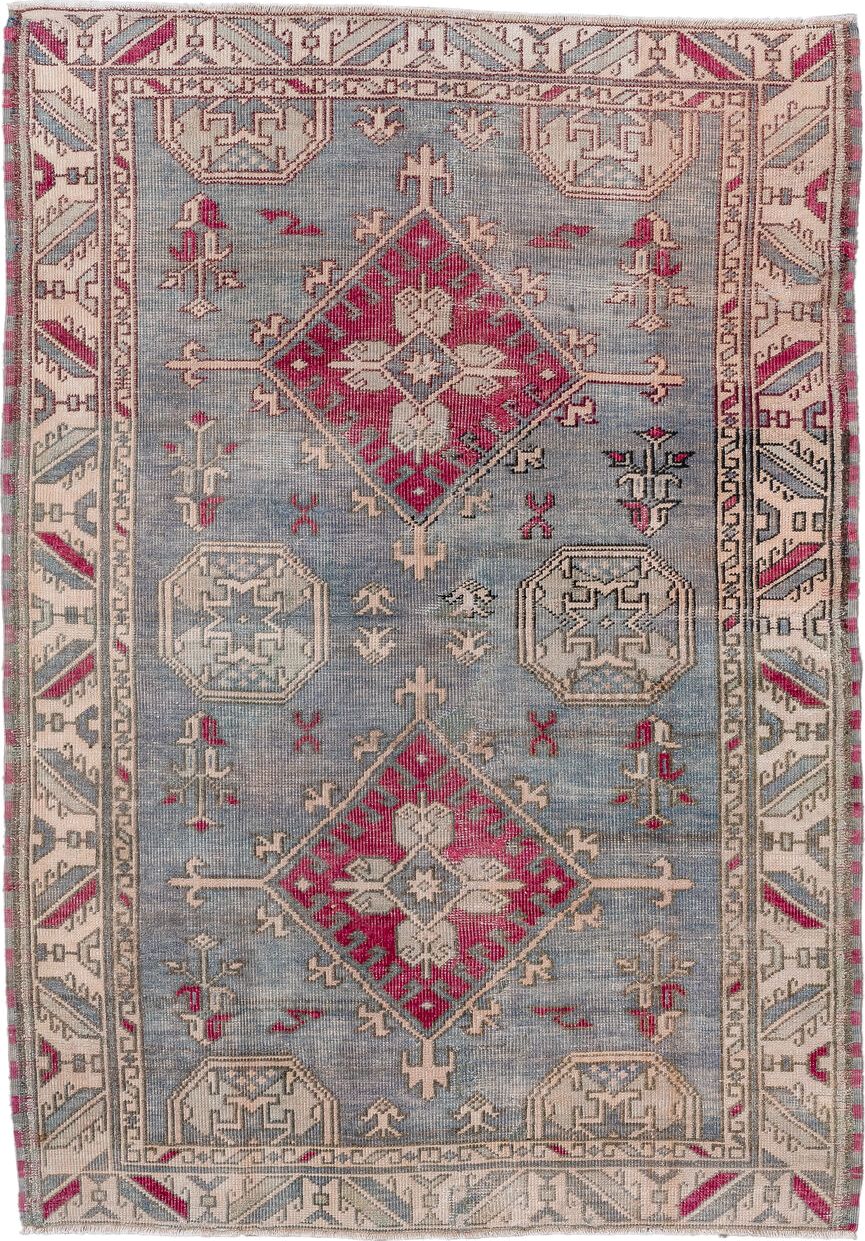 4' x 5' one-of-a-kind handmade vintage Anatolian small size rug. Color palette: ivory, blue, rose, taupe, slate, charcoal