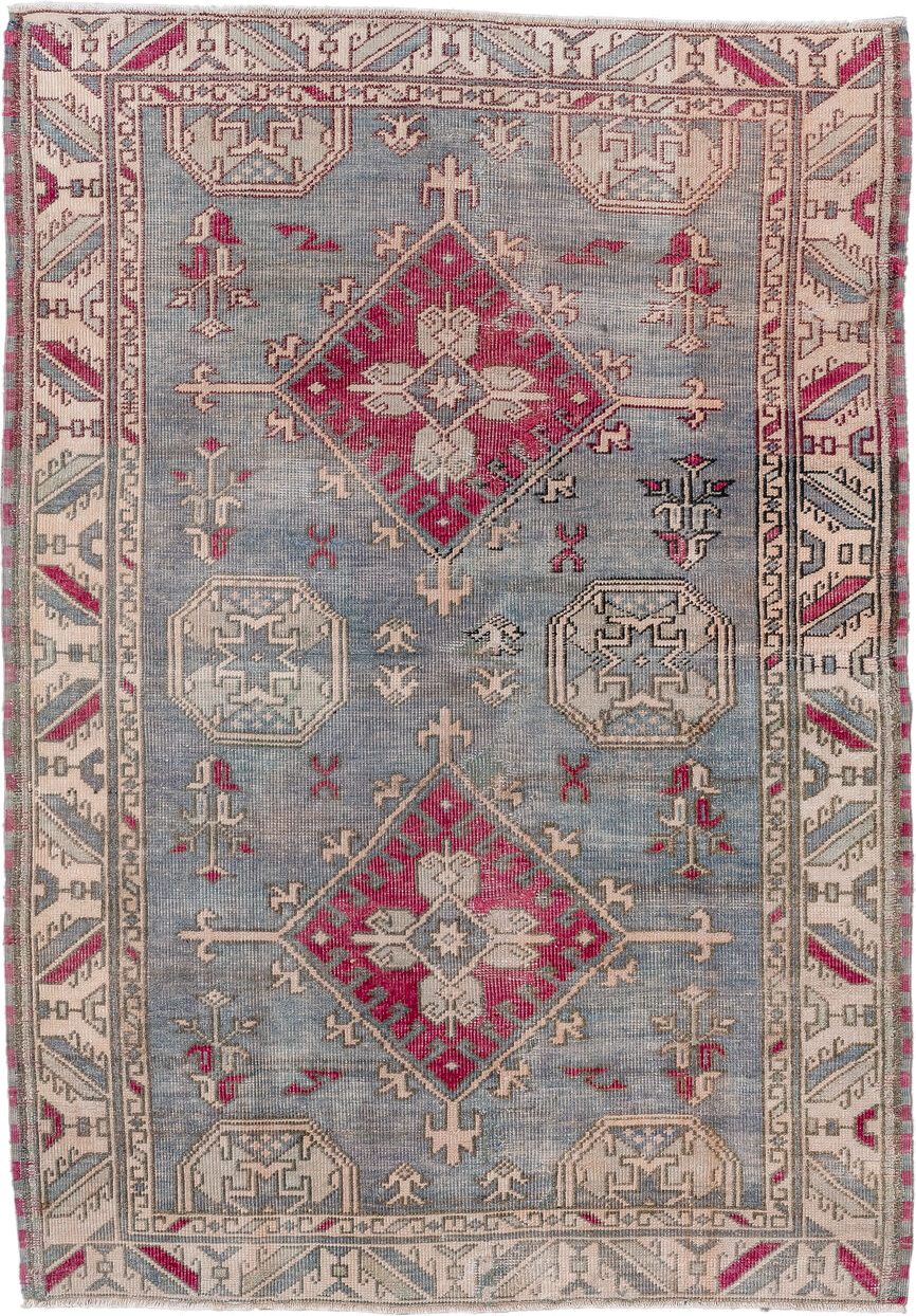 4' x 5' one-of-a-kind handmade vintage Anatolian small size rug. Color palette: ivory, blue, rose, taupe, slate, charcoal