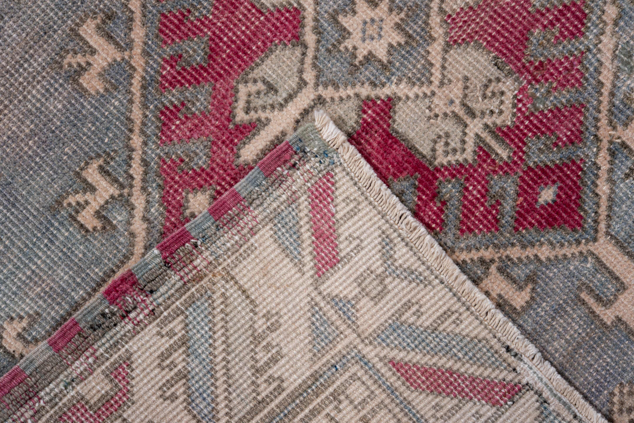 4' x 5' one-of-a-kind handmade vintage Anatolian small size rug. Color palette: ivory, blue, rose, taupe, slate, charcoal