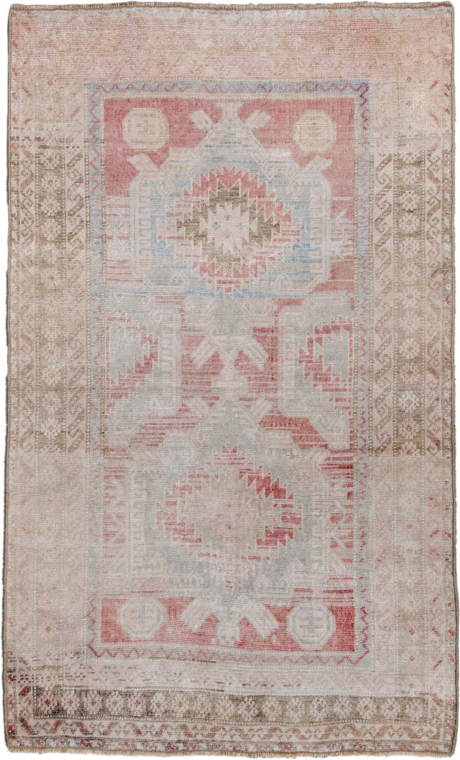 2' x 4' one-of-a-kind handmade antique Oushak small size rug. Color palette: ivory, blush, light blue, taupe, rose, beige