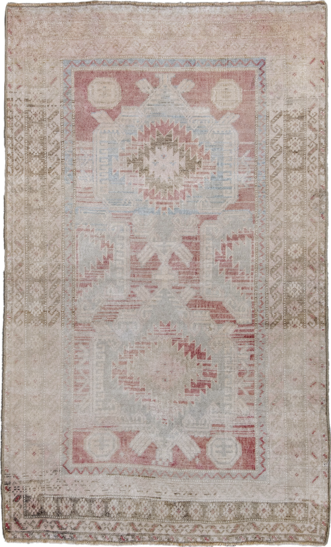 2' x 4' one-of-a-kind handmade antique Oushak small size rug. Color palette: ivory, blush, light blue, taupe, rose, beige