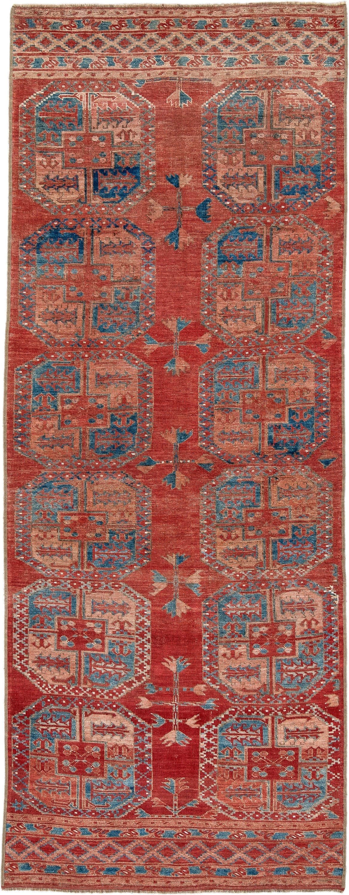 3' x 9' one-of-a-kind handmade antique Afghan runner rug. Color palette: rust, terra cotta, ivory, teal, sky blue, rose