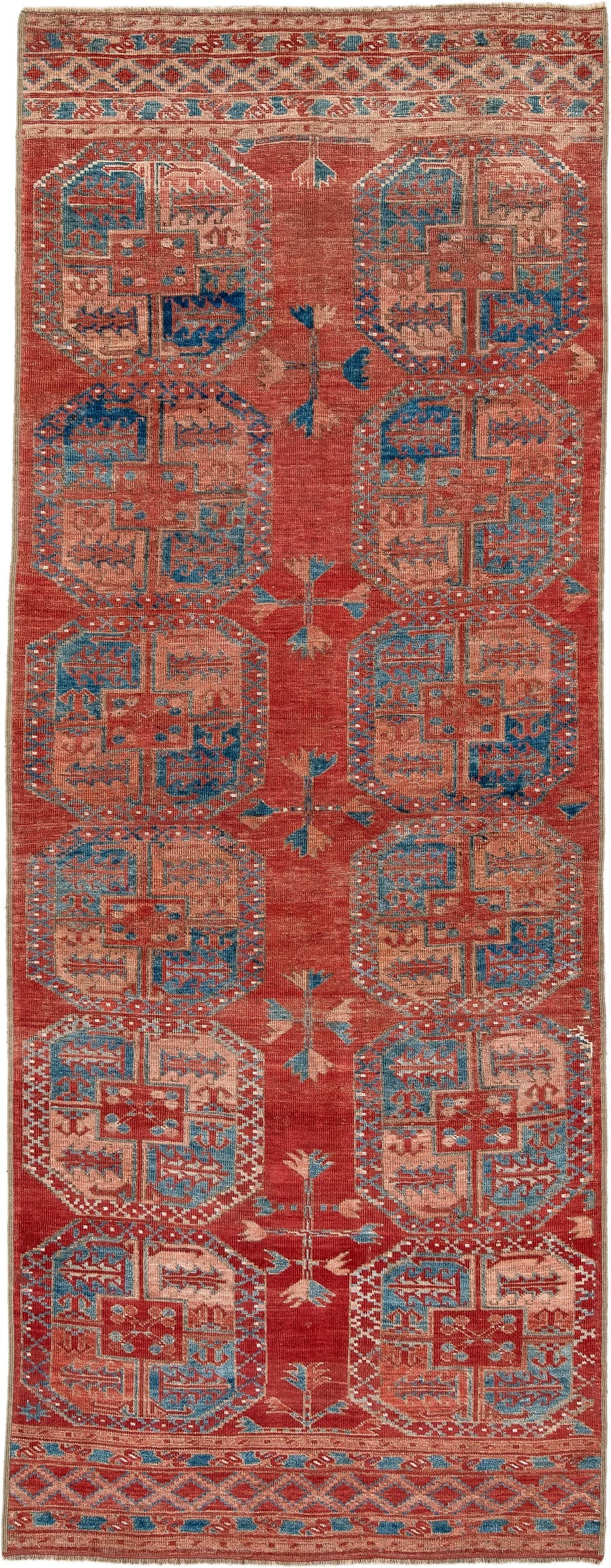 3' x 9' one-of-a-kind handmade antique Afghan runner rug. Color palette: rust, terra cotta, ivory, teal, sky blue, rose