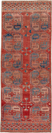 3' x 9' one-of-a-kind handmade antique Afghan runner rug. Color palette: rust, terra cotta, ivory, teal, sky blue, rose