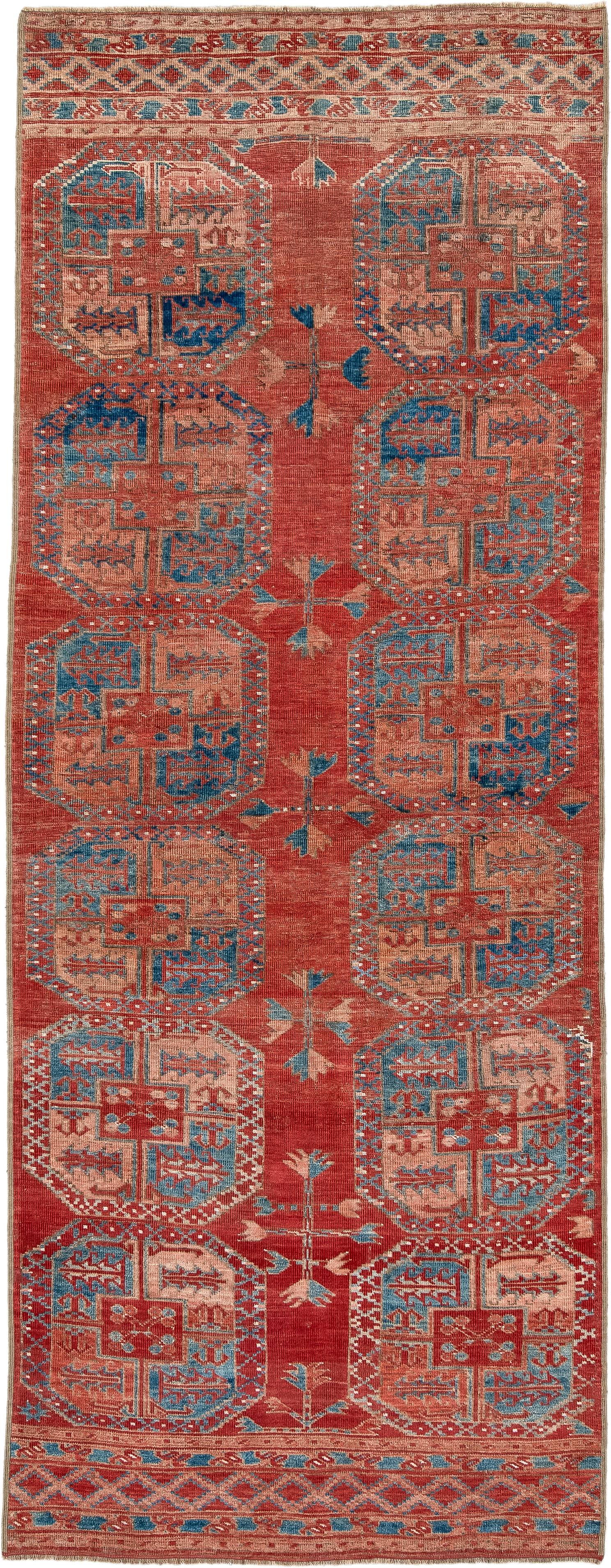 3' x 9' one-of-a-kind handmade antique Afghan runner rug. Color palette: rust, terra cotta, ivory, teal, sky blue, rose